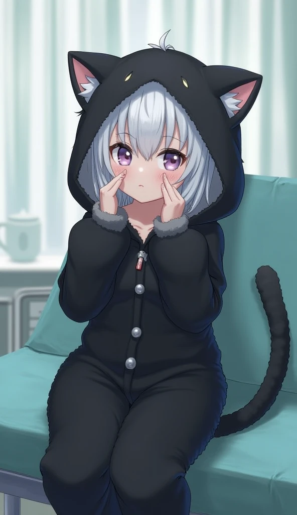loli, solo, height 1.2 meters, medium hair, (white hair, (alternate hair color:1.331), black hair:1.2), (sleepy:1.2), (rubbing eyes:1.3), light blush, (kigurumi:1.331), flat chest, bedroom, sitting on the bed,wariza