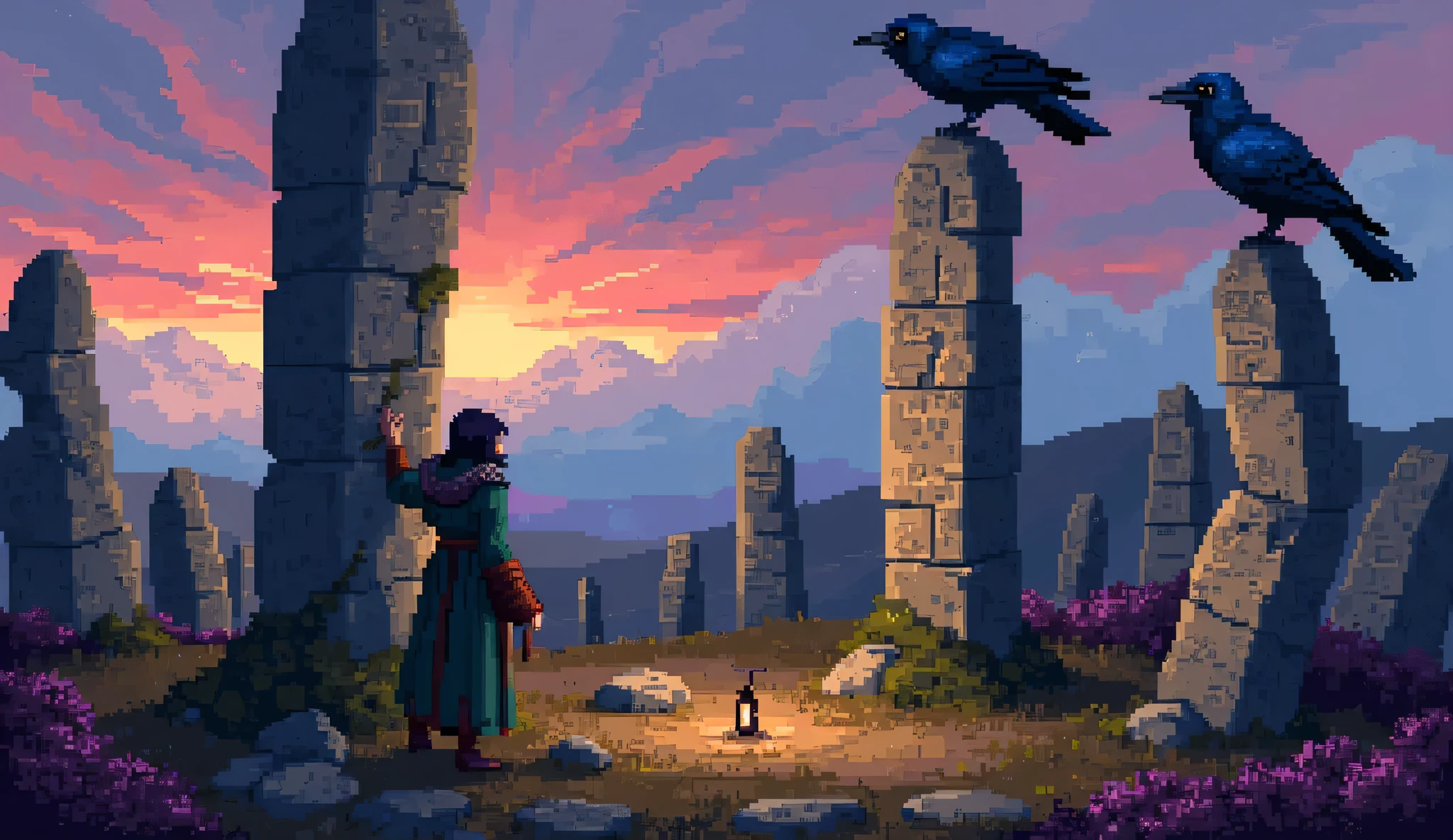 A highly detailed pixel art scene inspired by classic dark fantasy RPGs, evoking a sense of calm, nostalgia, and quiet adventure. The setting is an ancient stone circle atop a windswept moor, with towering rune-carved monoliths, patches of wild heather, and ivy creeping between the cracks. The twilight sky blends deep purples, fiery oranges, and fading golds, with rolling mist covering the distant hills.

On one side, a lone traveler, The Pilgrim of the Forgotten Stones, stands near a towering monolith, her fingers grazing its weathered surface. She wears a long, deep green cloak with subtle Celtic embroidery, frayed at the edges from travel. A leather satchel and a wooden staff rest at her side. Her dark hair flows gently in the wind, and her gaze is distant, as if listening to whispers carried by the March breeze. A small parchment flutters in her grasp, possibly an old map or legend guiding her path.

Across from her, perched atop the tallest stone, a large raven with iridescent blue-black feathers watches intently. The cold wind ruffles its wings, and a few loose feathers drift into the air, carried into the deepening twilight. The raven’s eyes glint with quiet wisdom, as though it has guarded this place for centuries.

At the base of the stones, a small flickering lantern casts a warm, golden glow, contrasting with the cool evening mist. In the distance, a ruined round tower, half-covered in ivy, stands against the fading light, hinting at forgotten histories. The wildflowers and ancient carvings glow softly in the dusk, giving the scene a mystical, timeless quality.