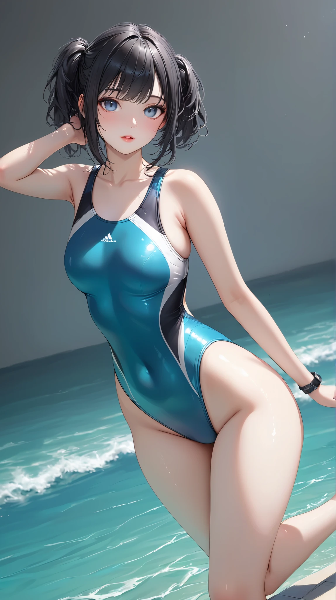 Squatting!、dynamicposes、legs spread out、eye glasses、darkskin、Sponsor Logo、(lightsmile:1.07),cyberpunked、Sleeveless、(Shiny colorful beach volleyball costume)、(magazine:1.3), (cover-style:1.3),(Dripping wet body:1.15)、Hands behind the head、(FULL BODYSHOT)、((masterpiece))、 super fine face and eyes,Colorful Korean Idol Hair,Look at viewers、