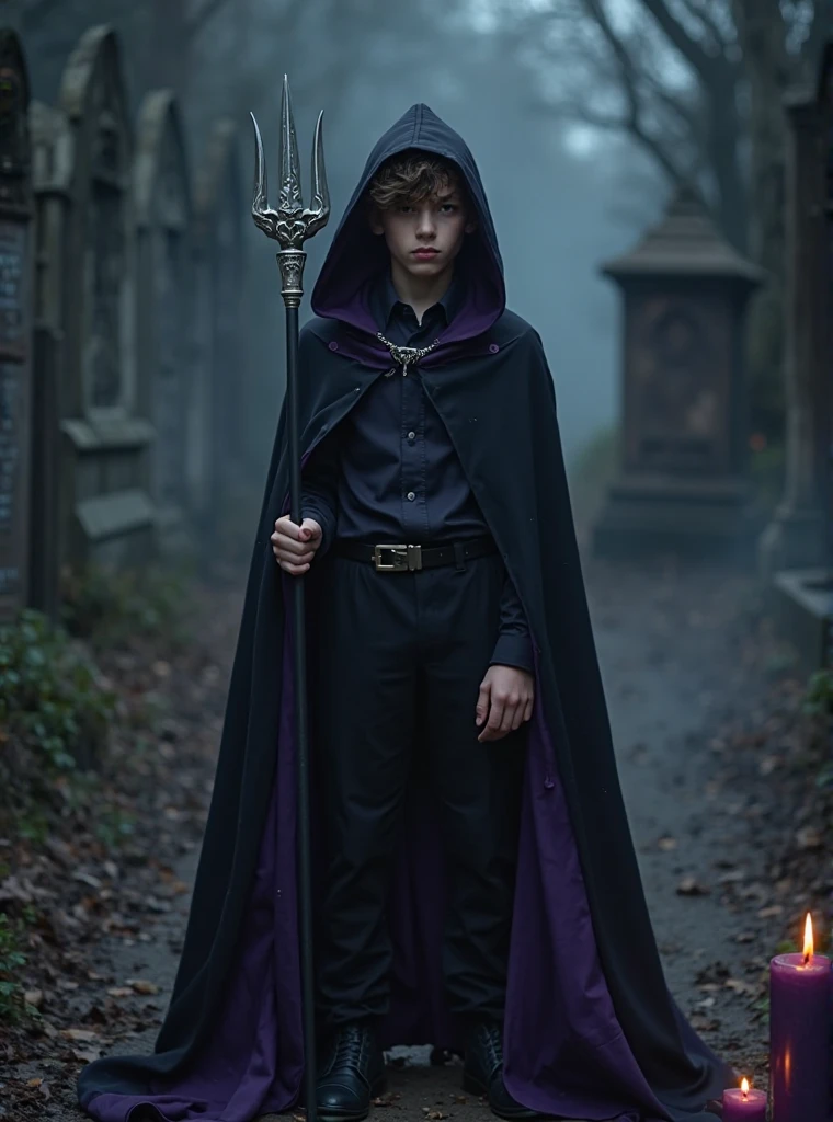 masterpiece, best quality, 8k, sharp focus, ((superrealistic)), high details, raw photo portrait, a boy 10 years old, black, devil, red cape, bare feet, in hand has a candle, in the cemetery, night, raining, storm, graves, tombstones, cemetery at night, ((photo taken full body) (((depth of field))):1.8 The expression lines on his face can be seen clearly. The texture of your crown and clothes is exceptionally super detailed.