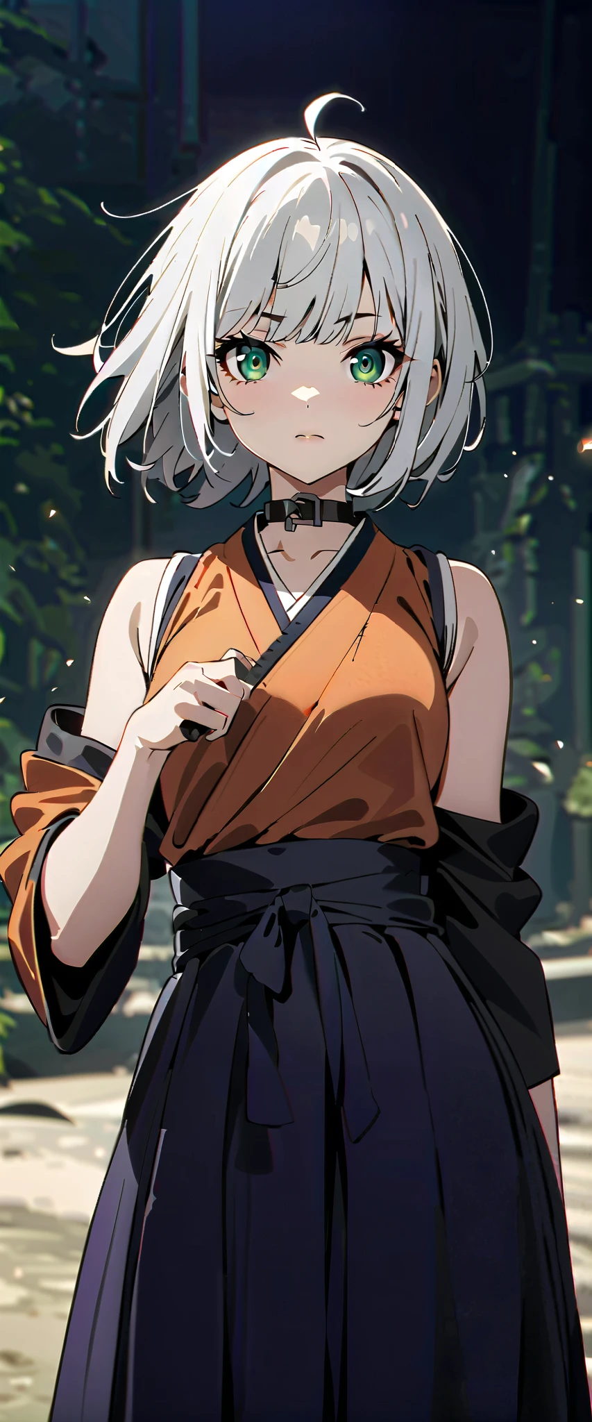 (high-quality, breathtaking),(expressive eyes, perfect face) 1girl, female, solo, maomao, cowboy shot, medium full shot, White hair color, bright green eyes, Short straight hair, large breasts, small breasts, small stature, small Ahoge, kunoichi attire, kunoichi outfit, shinobi, shinobi aesthetic, japanese shinobi, looking towards viewer, HD, High quality image, dusty particles floating around, black choker, black collar with spikes, goth girl, goth aesthetic, holding a tanto