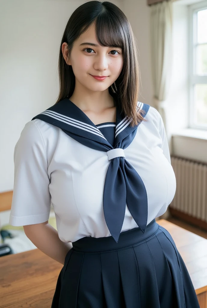 (highest quality,8K,High resolution:1.2),(beautiful realistic:1.6)、(cute japanese girl:1.4),(huge breasts:1.25),(glamorous body),(school uniform,Bree,pleated super mini skirt,sailor collar,white shirt:1.2)、17 years old、Professional、(The joy of being my beloved woman、Heart rate)、Happy、Full of energy、forest park、lift the skirt、gravure、run away、Sweat、close