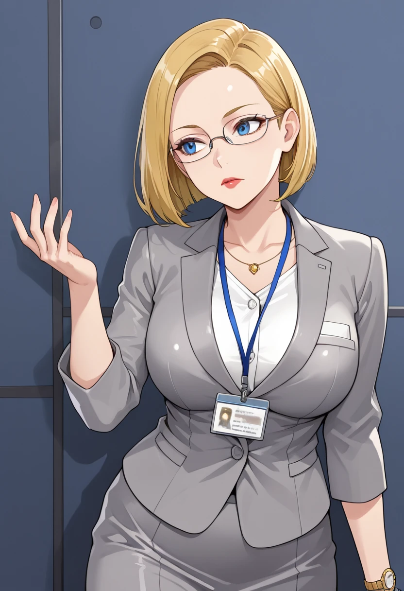 T-XSDXL,solo,1girl,medium sleek straight angled bob cut hairstyle,blue eyes,blonde hair,jewelry,necklace,business,formal,gray blazer,white buttoned office dress shirt,matching gray business pencil skirt,lips,lipstick,id card,nametag,glasses,small watch,large breasts,looking at her palm hand,her right arm turns color into a metallic chrome color liquid metal,