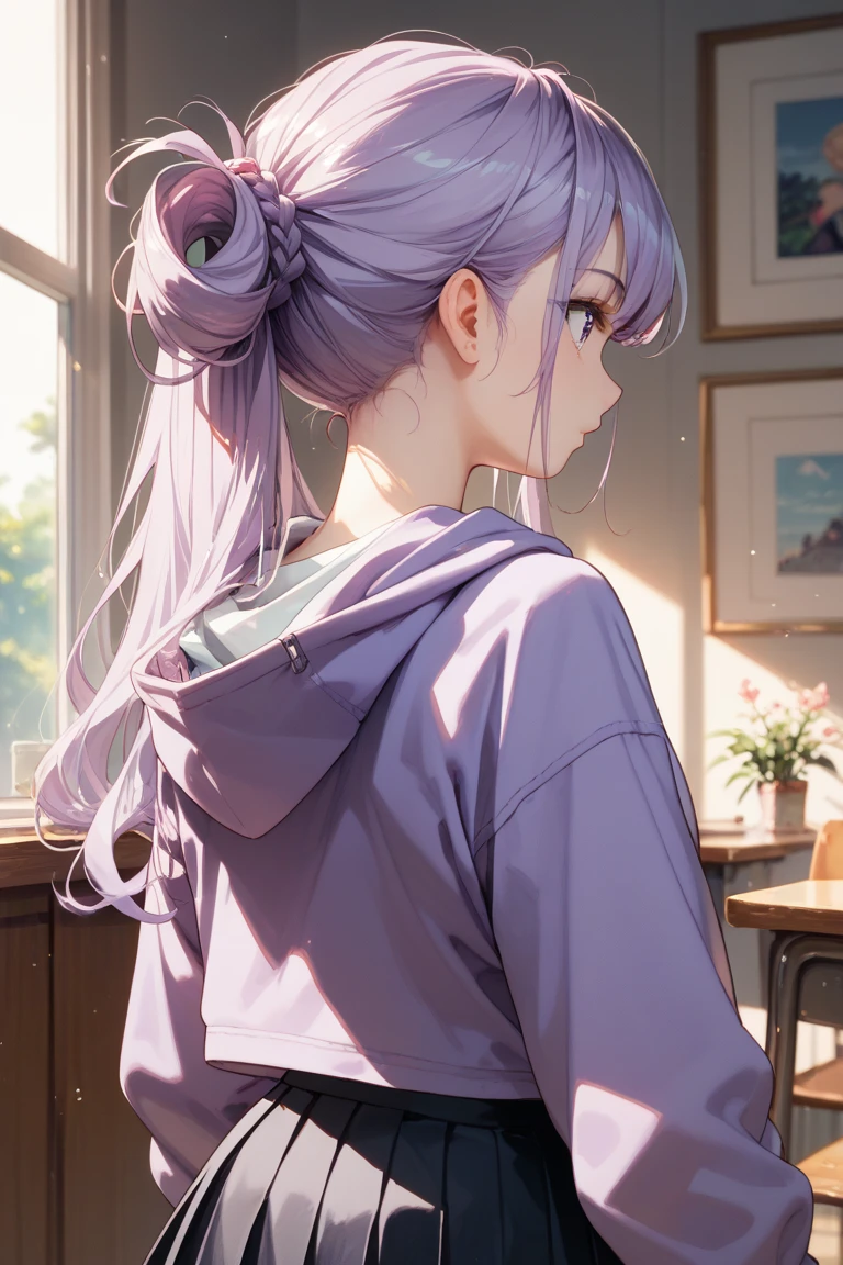 Realistic,highest quality, Ultra Detail, High-quality CG rendering, The most delicate and beautiful, Floating softly, High resolution, (1 girl), (Highest quality,4K,8K,masterpiece:1.2), Light purple hair,Rabbit,Bunny ears,Long Hair,Red eyes,(white oversized long sleeve t-shirt:1.3),Inside the room