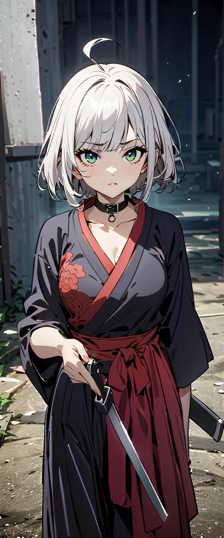 (high-quality, breathtaking),(expressive eyes, perfect face) 1girl, female, solo, maomao, cowboy shot, medium full shot, White hair color, bright green eyes, Short straight hair, large breasts, small breasts, small stature, small Ahoge, kunoichi attire, kunoichi outfit, shinobi, shinobi aesthetic, japanese shinobi, looking towards viewer, HD, High quality image, dusty particles floating around, black choker, black collar with spikes, goth girl, goth aesthetic, holding a tanto