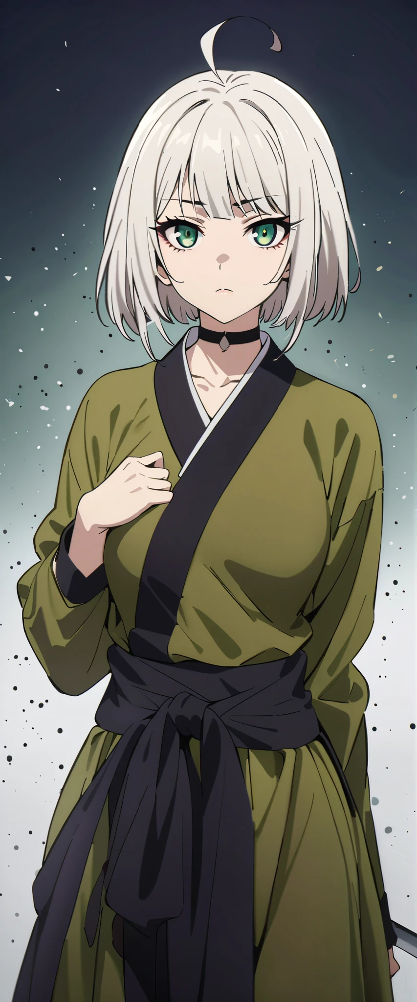 (high-quality, breathtaking),(expressive eyes, perfect face) 1girl, female, solo, maomao, cowboy shot, medium full shot, White hair color, bright green eyes, Short straight hair, large breasts, small breasts, small stature, small Ahoge, kunoichi attire, kunoichi outfit, shinobi, shinobi aesthetic, japanese shinobi, looking towards viewer, HD, High quality image, dusty particles floating around, black choker, black collar with spikes, goth girl, goth aesthetic, holding a tanto