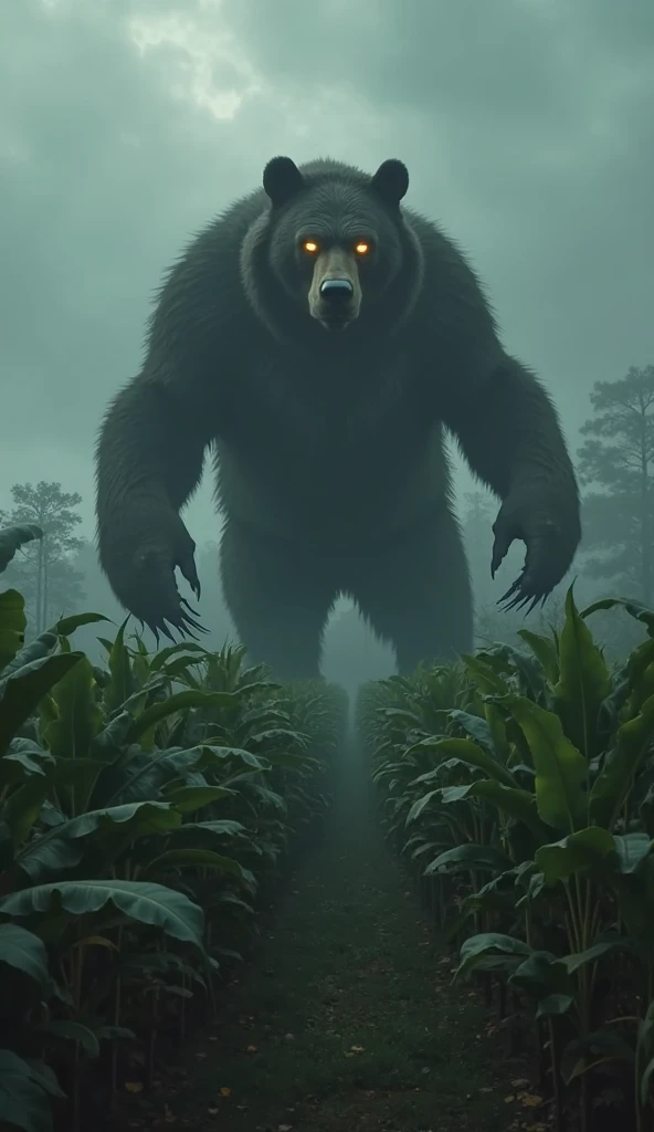 a close-up forest, with a blurred, gigantic monster negro running in the background, cinematic 4k rpg game style, flame trailer film