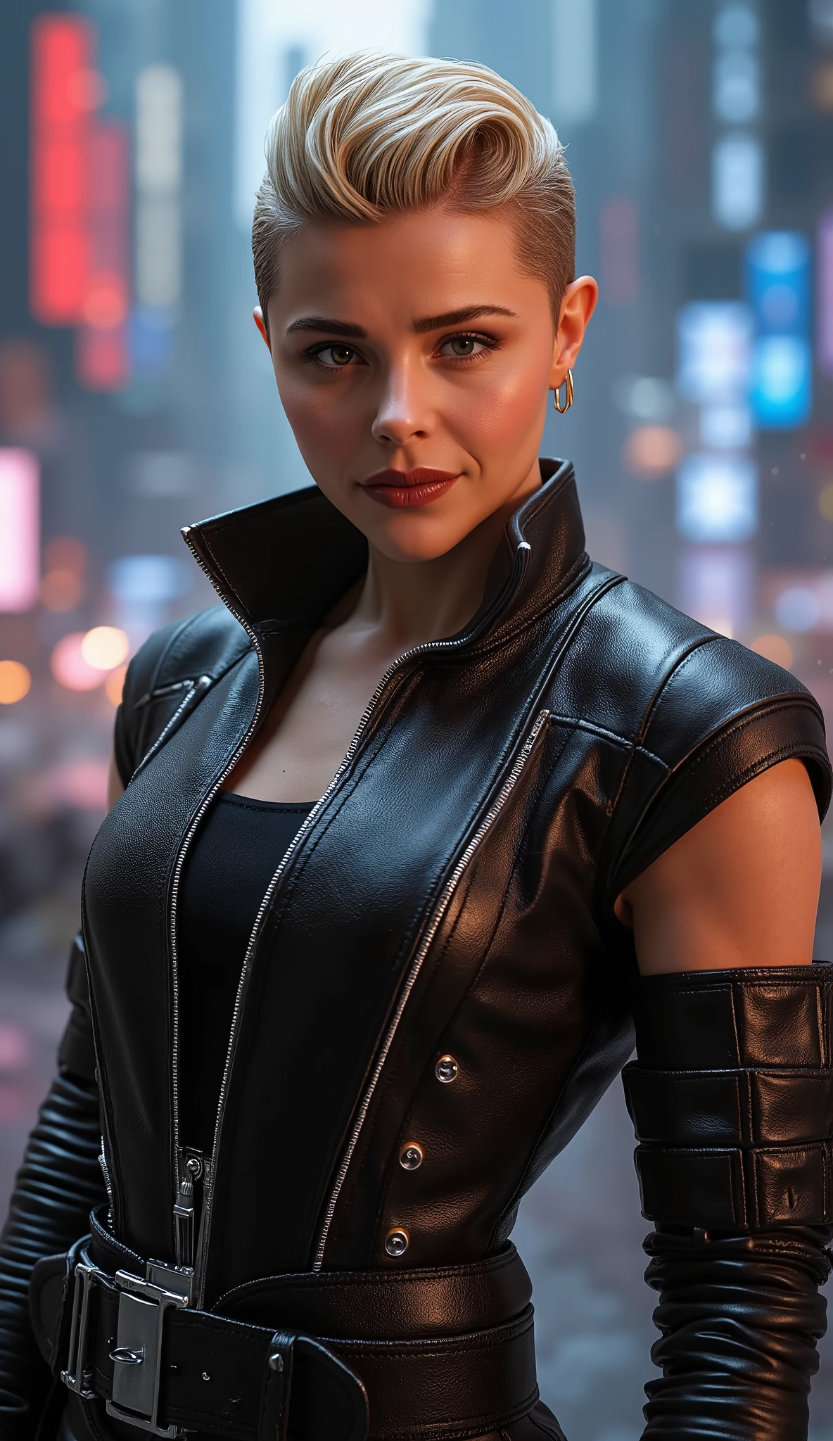 Hyper-realistic portrait of Cassie Cage from Mortal Kombat, } showing her upper body in her combat suit tactical: an elegant and tight military jacket with futuristic details, gloves and a utility vest. Her blond hair is styled in a modern and daring cut, and its expression is confident and charismatic, with a light smile symbolizing her bold and rebellious personality. Your features are clear, with a subtle sheen , more realistic, on your skin. The background is a magnificent and hyper-realistic cityscape, filled with futuristic buildings, bright lights and a vibrant atmosphere. ultra-detailed textures, cinematic lighting, resolution 8k, photorealism and a dynamic composition, but balanced.
