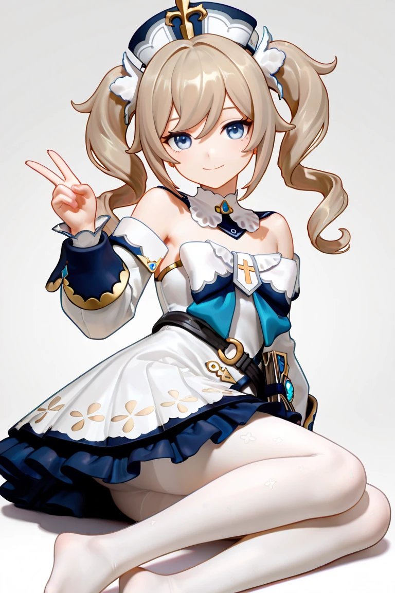 masterpiece, best quality, very aesthetic, absurdres, newest, 1girl, boxer_shorts, solo,standing_split,tears in eyes,embarrassed, ,barbara_(genshin_impact), genshin_impact, 1girl, bare_shoulders, blonde_hair, blue_eyes, detached_sleeves, dress, drill_hair, hair_between_eyes, long_hair, long_sleeves,pantyhose, solo, twin_drills, twintails, white_dress, white_pantyhose,,in school, in college