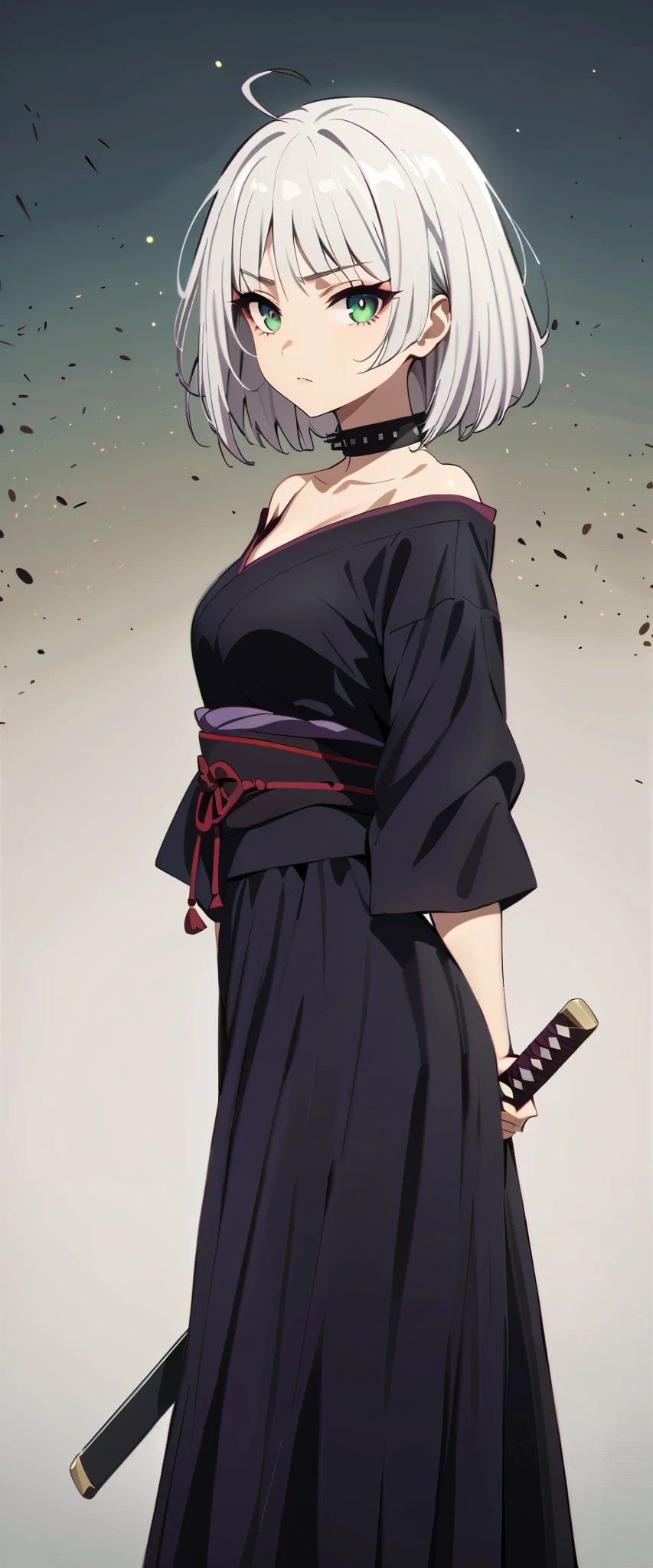 (high-quality, breathtaking),(expressive eyes, perfect face) 1girl, female, solo, maomao, cowboy shot, medium full shot, White hair color, bright green eyes, Short straight hair, large breasts, small breasts, small stature, small Ahoge, kunoichi attire, kunoichi outfit, shinobi, shinobi aesthetic, japanese shinobi, looking towards viewer, HD, High quality image, dusty particles floating around, black choker, black collar with spikes, goth girl, goth aesthetic, holding a tanto
