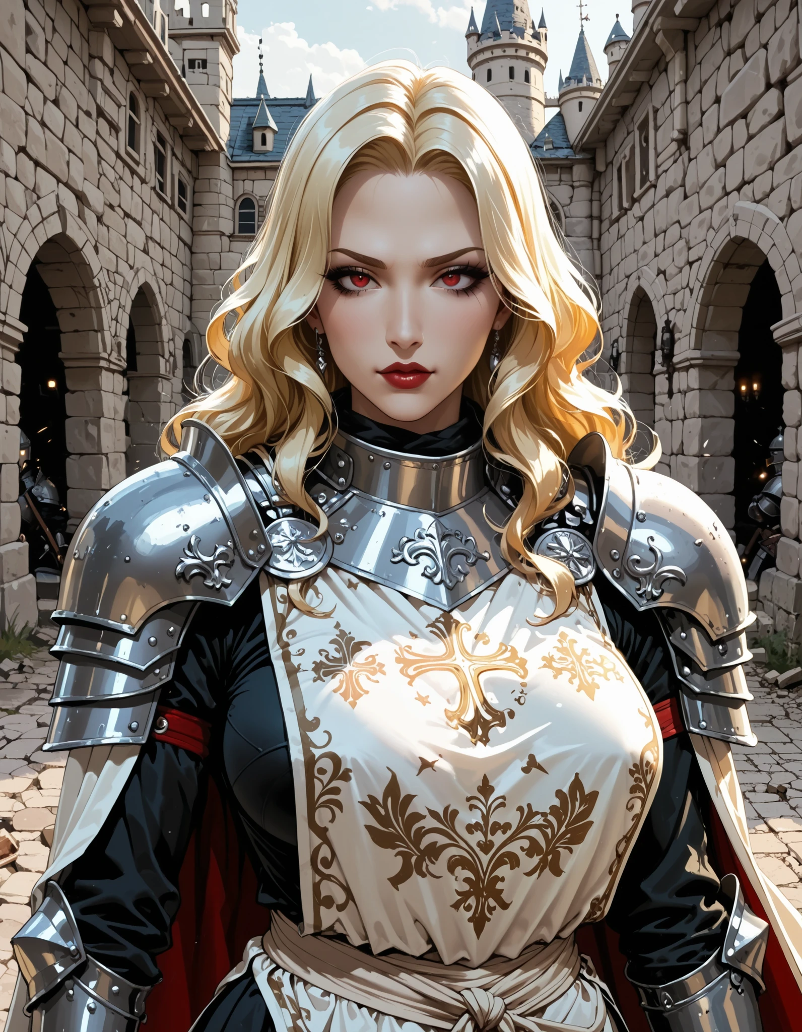 score_9, score_8_up, score_7_up, score_6_up, score_5_up, score_4_up, (masterpiece), Sexy woman, 90's Anime, 1girl, solo, red eyes, beautiful bonde girl , best quality, ((masterpiece)), Knight woman, dark makeup, juicy lips, wearing armor, plated armor, battle-warrior, gountlets, shoulder armor, reduced white tabard, "joan of arc", perky breasts, wide range of colors, ((EXTREME CMYK colors), ((large apart breasts)), sexy, provocative, seductive, in french medieval scene, stone walls, castle, aburdres, vibrant, Medieval age, wicked,  (vividcolors:1.1), (UltraHD8K), (intricatedetails:1.1), belth, long hair, LowKeyLights, cinematic 8k, UHD, sci-fi,