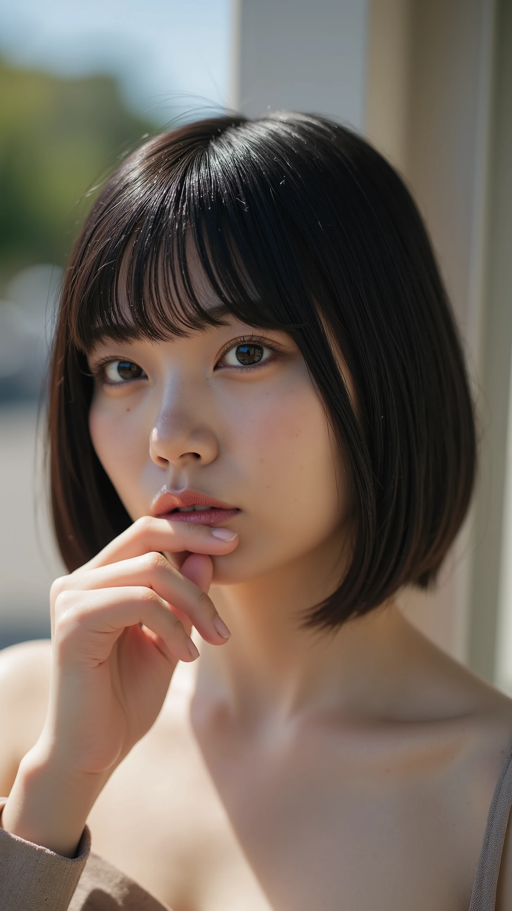 a high resolution photograph of a Japanese young woman, (photo-realistic, realistic, masterpiece, best quality), Intricate details, extremely detailed, ultra high definition, 8k, film grain, lens flare glow, sharp focus, professional lighting, solo, 1girl, (completely nude), profile, upper body, pale skin, bob cut glossy hair with bangs, detailed face, detailed eyes, sophisticated nose, seductive lips, fingers brushing her lips, sensual face, outdoors, public indecency, exbitionism, humiliation, frowning, embarrassed,