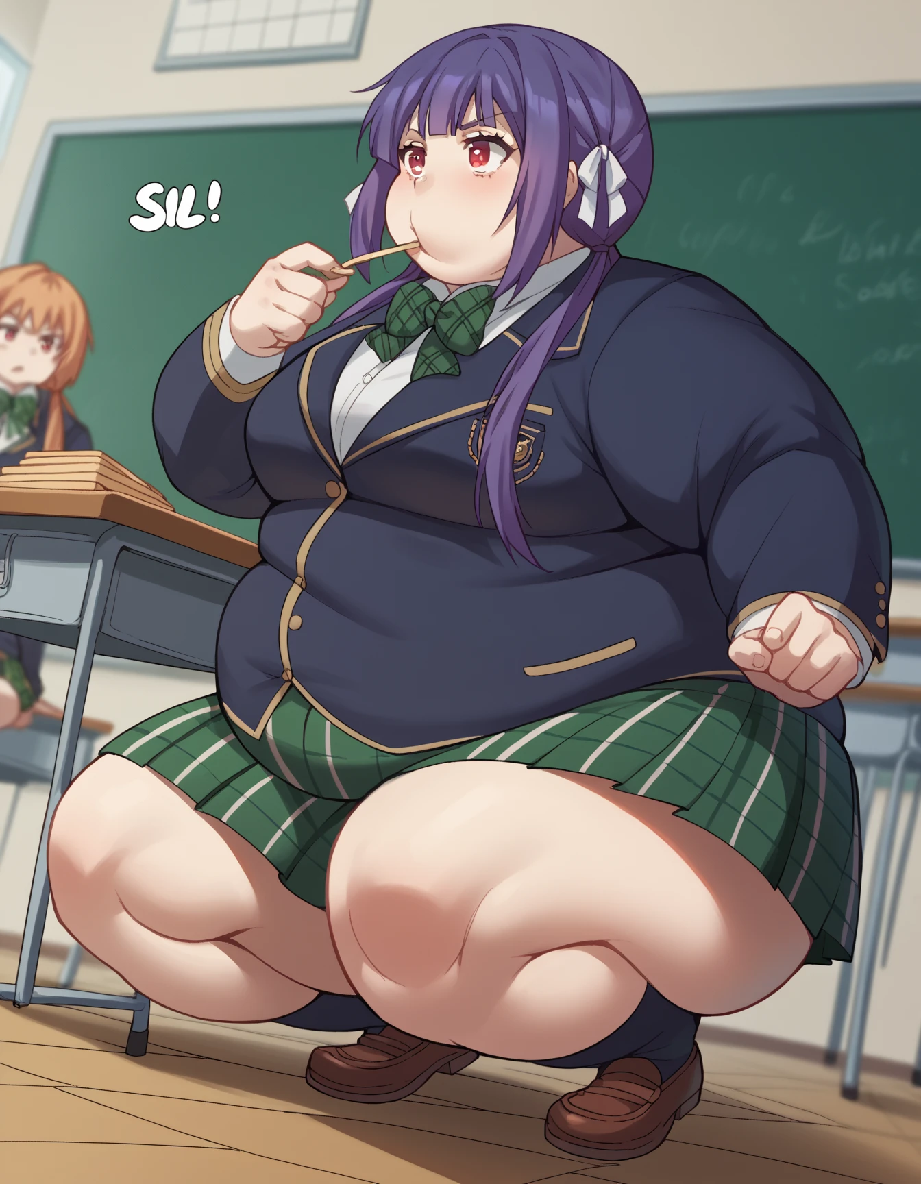 Master, high quality, best quality, beautiful, HD, perfect lighting, detailed face, detailed body, ((1girl)), ((solo)), (((chubby))), ((fat)), ((tummy bulge)), ((((big belly)))), plump, belly, she has gained weight, school, classroom, (stretched out belly), ((full belly)), (((bloated))), she is bottom-heavy, short pink hair, (fluffy hair), blue eye, confident smile, smug, green jacket, grey shorts, transparent thigh highs, brown boots, grey finger-less gloves, headphones around the neck, green beanie, glasses, white t shirt,