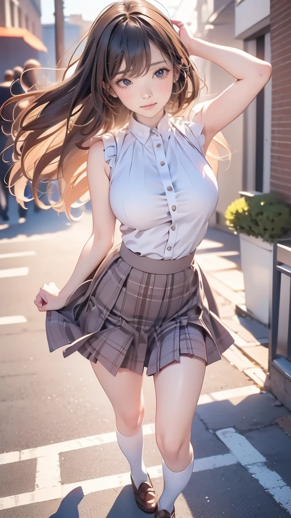 (Masterpiece:1.3、highest quality、Ultra-high resolution、Super detailed)、(Real:1.1、Photorealistic:1.4)、Beautiful illustrations、Perfect lighting、colorful、Border Depth、Beautiful hair in every detail、Beautiful face in every detail、Beautiful definition details、Beautiful clavicle、Beautiful body、Beautiful breasts、Beautiful thighs、Beautiful legs、Beautiful fingers、Show Viewer、1 girl、Japanese、high school girl、Perfect Face、(Perfect Anatomy、Anatomically correct)、Cute and symmetrical face、Baby face、Skin radiance、(Camel Toe:1.5、Shaved:1.2)、Blonde、Asymmetrical Bangs、blue eyes、Long eyelashes、(Chest)、Skinny、(Pull up your skirt、Not wearing underwear、No underwear:2、No bra:1.5)、((Collared short-sleeved shirt、White shirt、White panties、)Grey plaid pleated skirt、There is nothing attached under the skirt))、(Beautiful views)、evening、(Outdoor、distant cityscape)、Are standing、(She's pulling up her skirt herself:2)、(Cute smile、Blushing、Looking up、Open your mouth)、 (White knee socks:1.5)、hour々squat:1.2、Stick your fingers in your:1.2、