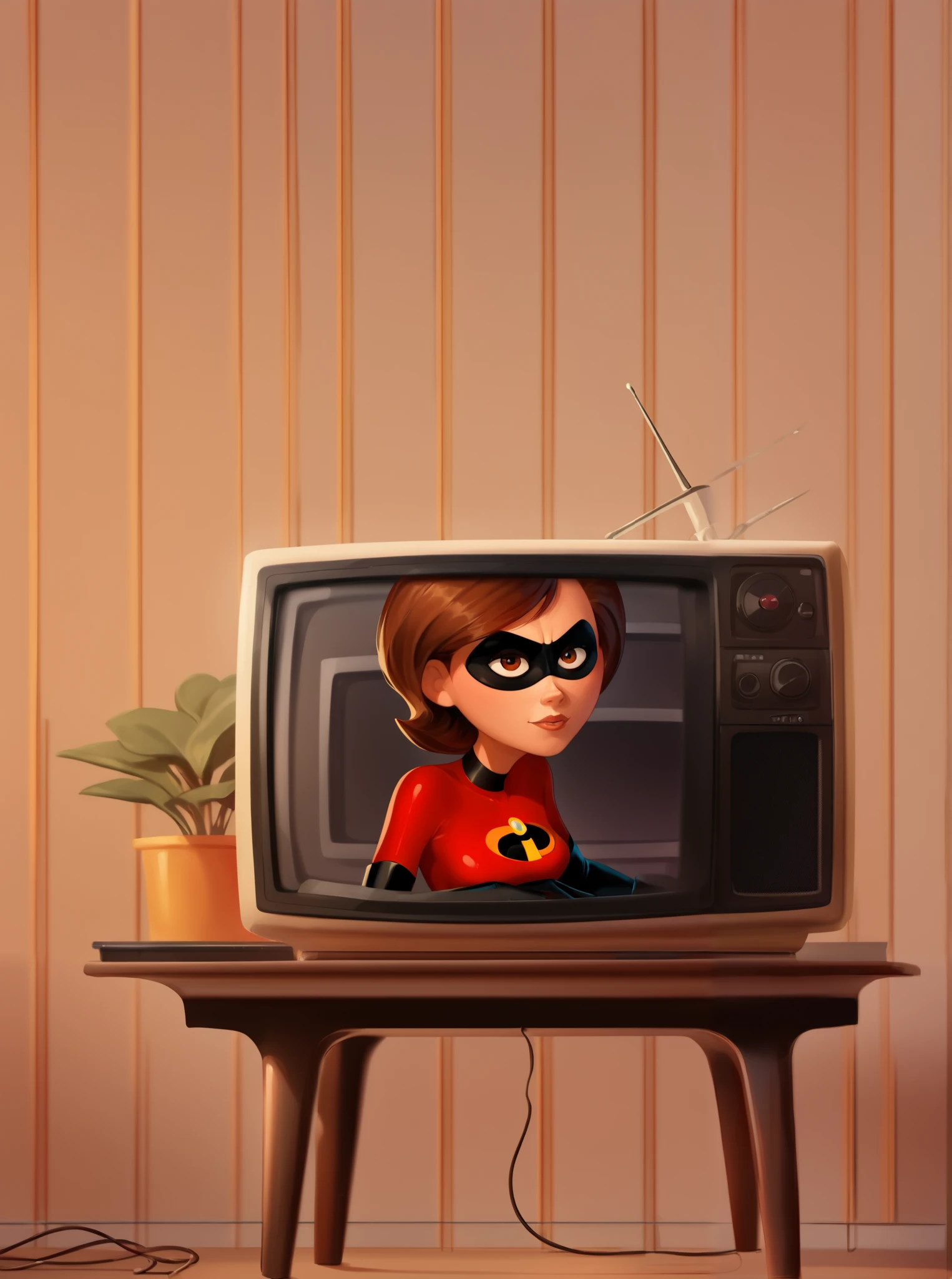 helen parr, 1girl, solo, brown hair, brown eyes, red bodysuit, domino mask, elbow gloves, lips, yellow belt, thigh boots, ((tv program)), tree, ((portrait))