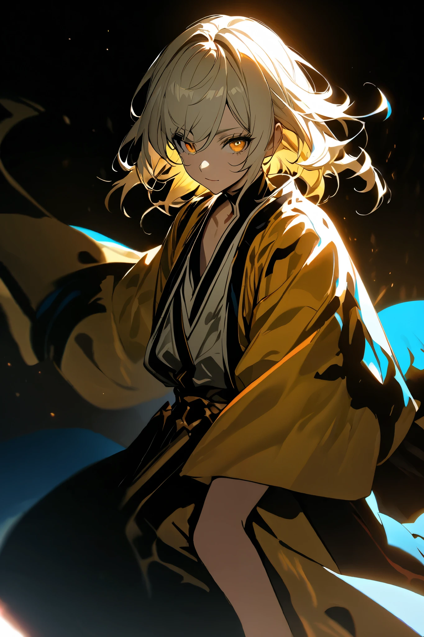 (masterpiece, best quality, ultra-detailed, best shadow), (dark fantasy), high contrast, (best lighting, extremely delicate and beautiful), ((cinematic light)), colorful, hyper detail, dramatic light, intricate details. age boy with white hair and blonde highlights, golden eyes with beautiful eyelashes, wearing loose Bleach Shihakusho clothes, character with 1.70m, handsome and vain, character with an energetic and lively aura, who exudes confidence