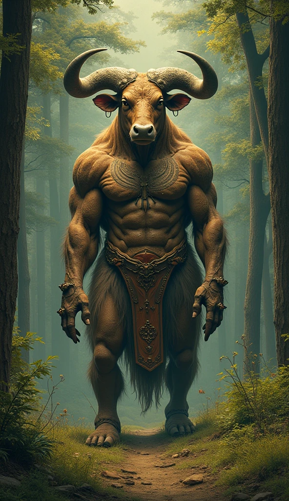 anthro, minotaur, solo, female, muscular body, amazonian female, thick thighs, thin waist, happy, seductive pose, naked, black nipples, big breasts, pubic hair, fluffy fur