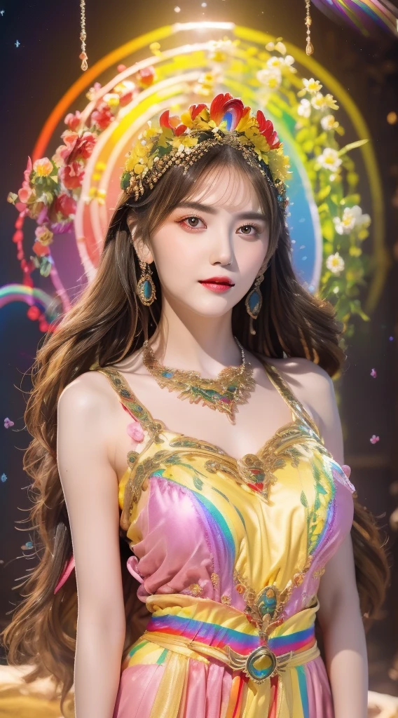 (masterpiece, Highest quality, Highest quality, Official Art, beautifully、beautiful:1.2), (One Girl:1.3), Very detailed,(Fractal Art:1.3),(colorful:1.5)(Flowers:1.3),Most detailed,(Tangled:1.2), whole body, (Abstract background:1.3), (Glowing Skin), (Many colors:1.4), ,(Earrings), (feather:1.5),