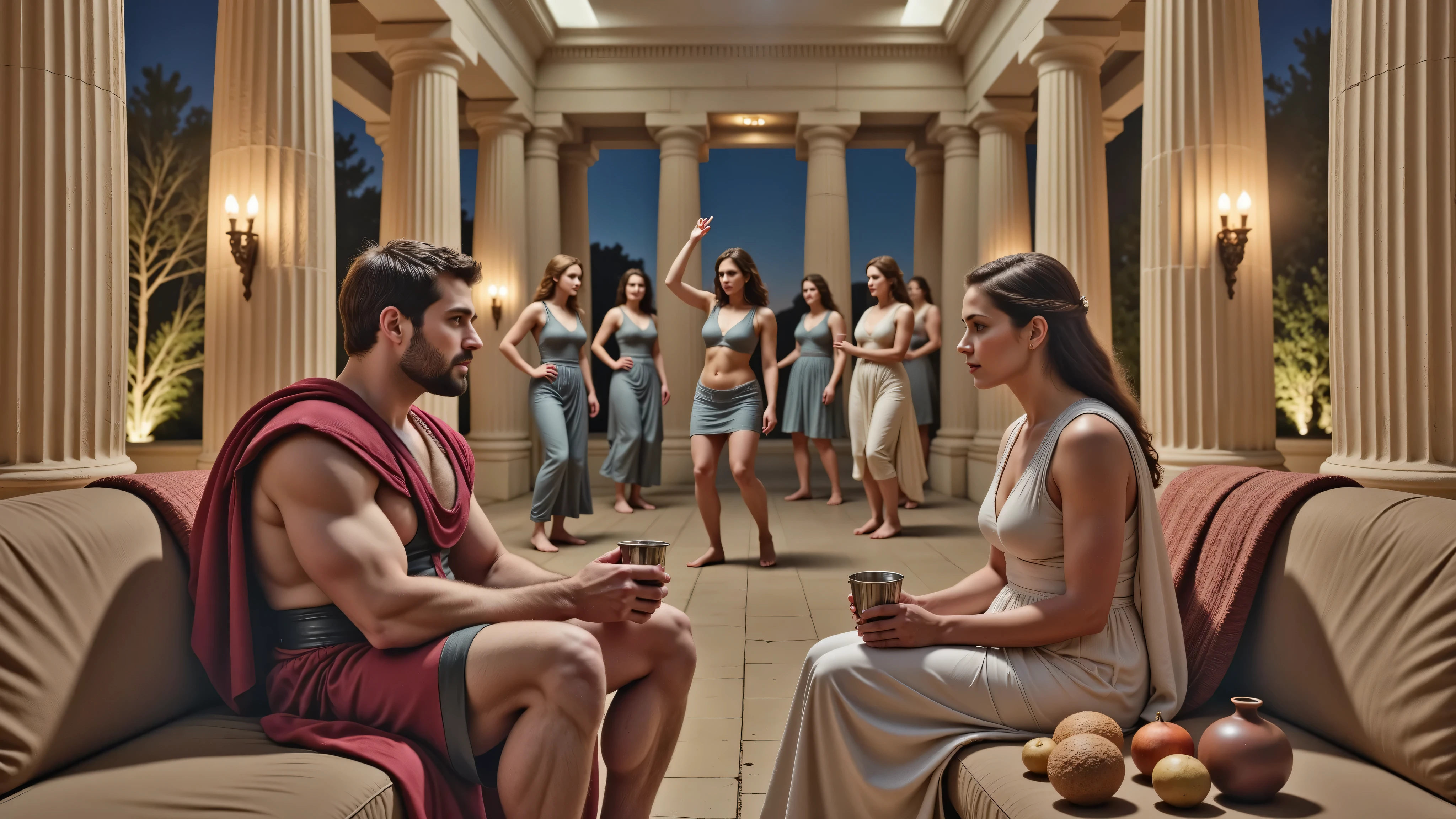 A realistic night scene in the hall of an ancient Greek palace, lit with torches. In the center, Hercules is sitting on a couch talking to Queen Hippolyta. Both are holding silver cups. The image is high definition and ultra-realistic, like a scene from a movie. Perfect Hands. A night scene in the hall of an ancient Greek palace, lit with torches. In the background, women are dancing. dancing like odalisques. The women wear light Greek tunics. Beside them are amphorae of wine and a small table with fruit and bread.