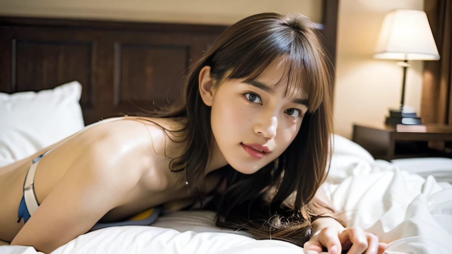 Realistic painting style, lying on the bed from the head down perspective, can only see the good-looking legs

