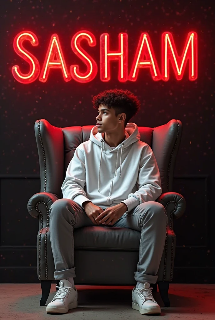 Create Realistic Sitting on Wingbake chair jacket that says ” ANAMUL” Smoking with cigarette create a 3d image of teenager wearing a black smoke artistically forming a name