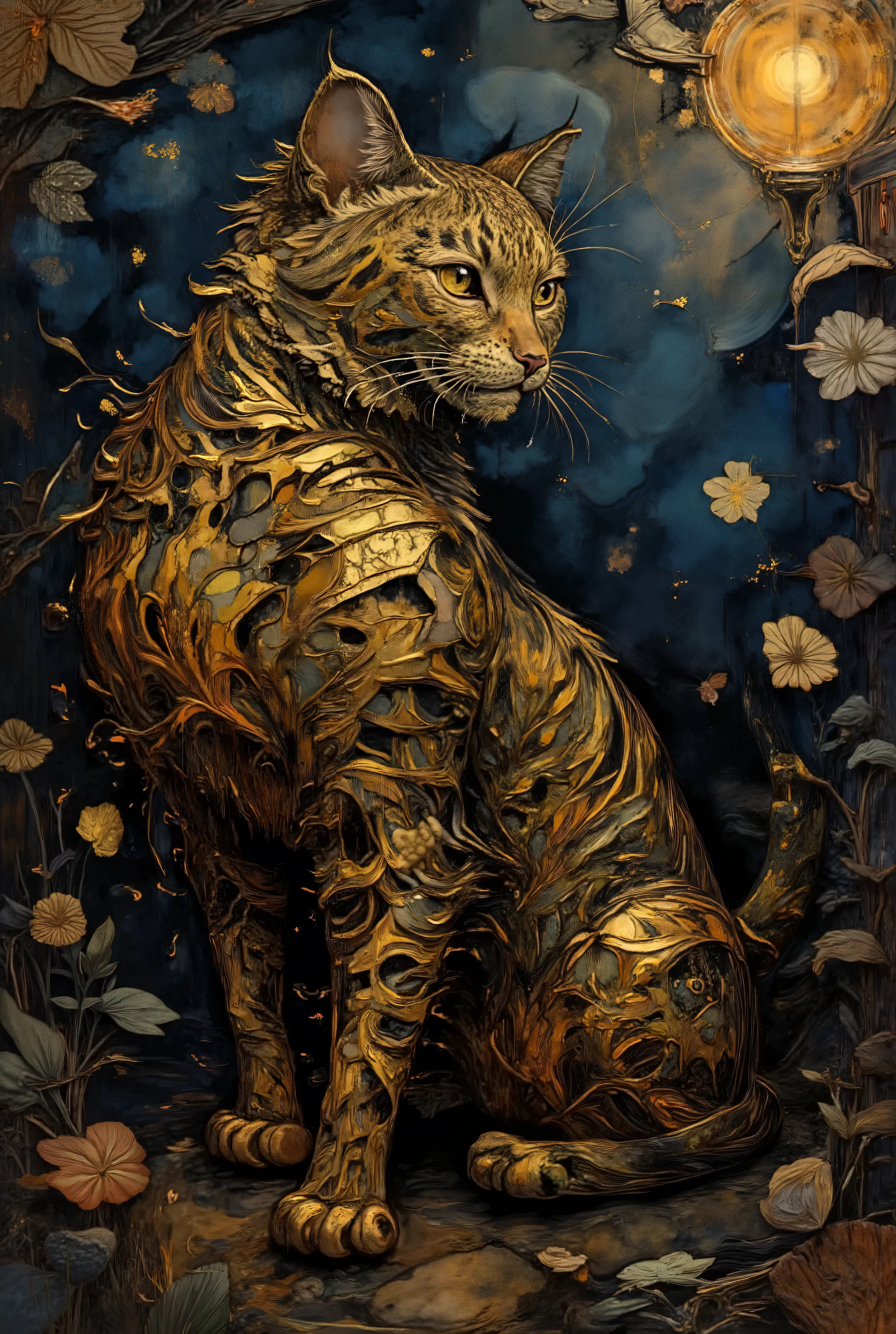Create an illustration of a cat in the oil painting style, where you can see the brushstrokes fading on a dark background. The cat must be sitting majestically and surrounded by an enchanting atmosphere. On the cat's coat, there must be golden filigrees that glow softly, as if the cat were enchanted. The brushstrokes on the background should add an artistic and sophisticated touch to the image.