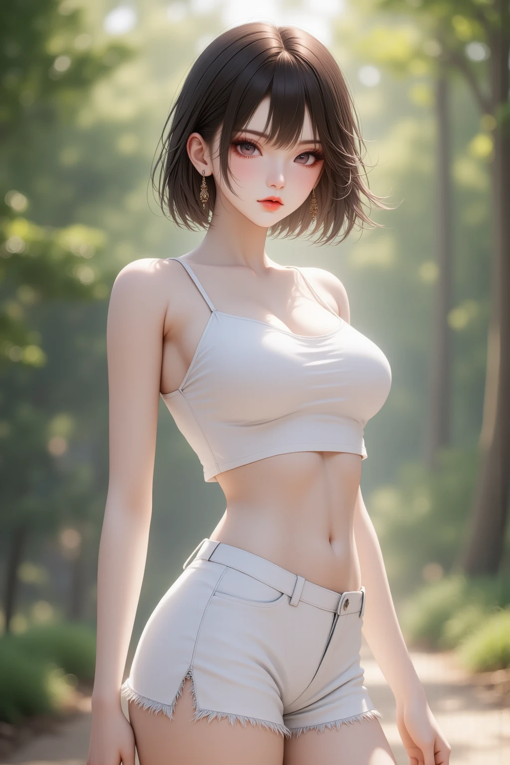 sarada, short black hair, black eyes, young girl with light complexion, 18 years old, cute girl, slim body, upper part of the body, big breasts, sexy figure,wears a white neckline, a black mini skirt, white sneakers. In a meadow in summer