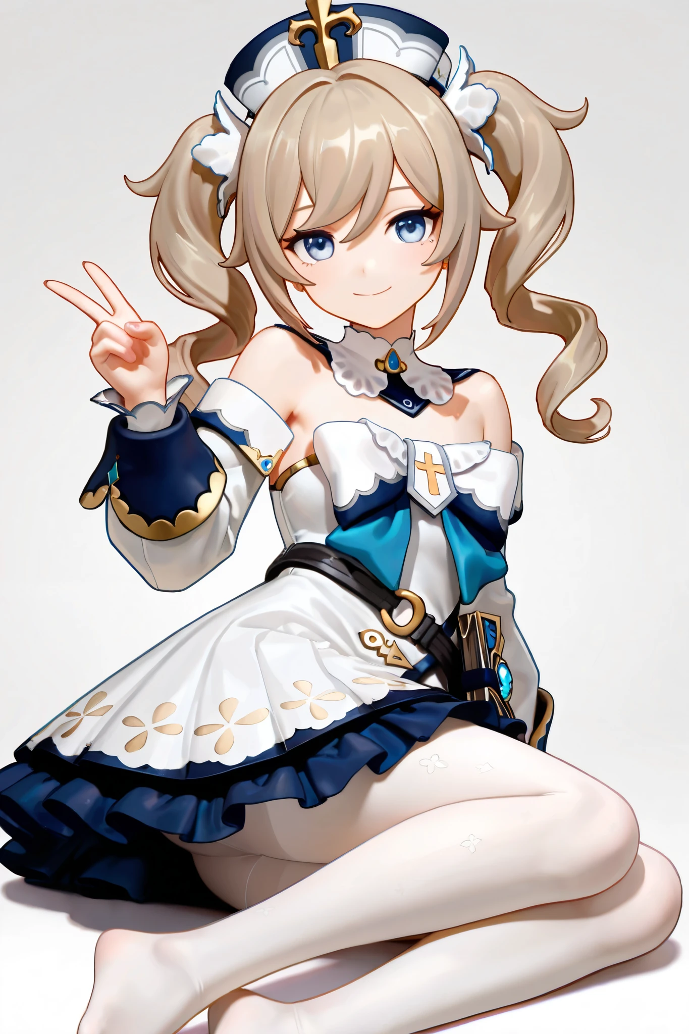 masterpiece、highest quality、High resolution、Very detailed、Close-up、Medium wide shot、Girl standing、Crossing legs、Long blonde、Twin tails、smile、Blue bikini swimsuit、Blue ribbon、Corset skirt、Apron dress、Blue and white striped stockings、garter belt、loafers、Short sleeve、peace sign、smile、
