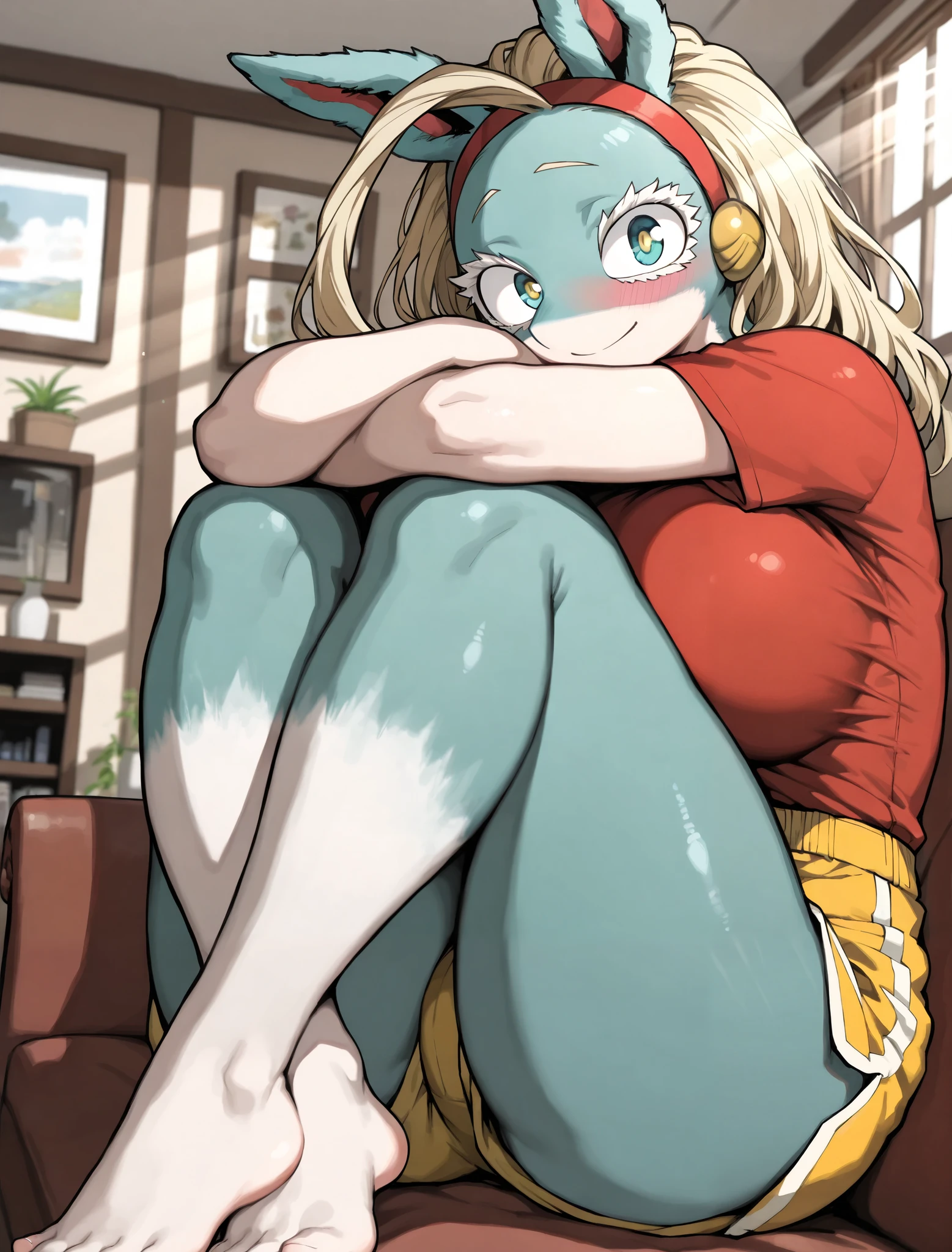 ((ippan josei)), ((my hero academia)), ((masterpiece)), ((high resolution)), ((solo portrait)), {(attractive figure), (large breasts), (thick thighs), (beautiful legs), (pretty paw feet), (turquoise fur), (white arms), (white feet), (long bleach-blonde hair), (cute teal eyes), (short white eyelashes), (cute smile), (blushing)}, {(red t-shirt), (yellow shorts), (red headband)}, {(sitting on couch), (crossed ankles), (arms under knees), (tiptoes), (looking at viewer)}, ((living room)), ((sun rays))