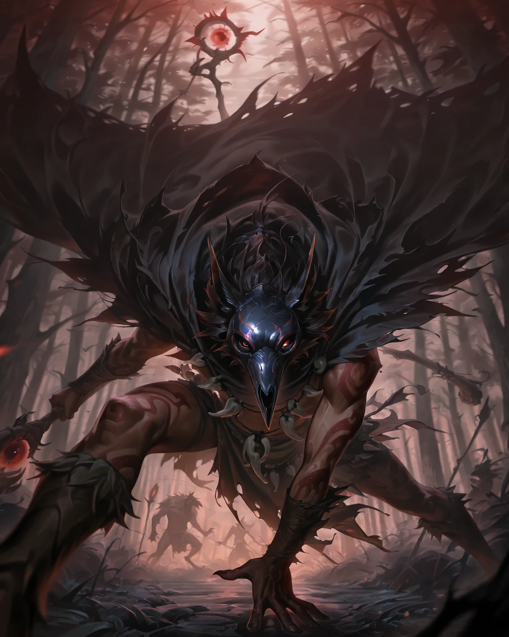 score_9, score_8_up, score_7_up, score_6_up, score_5_up, score_4_up, L0LSPL4SH, monster, hunchback, huge torn cloak covering the body, crow mask, tribal, tribal necklaces, magical tribal staff, dark forest, looking at viewer, close view, posing, dominant pose, dynamic view