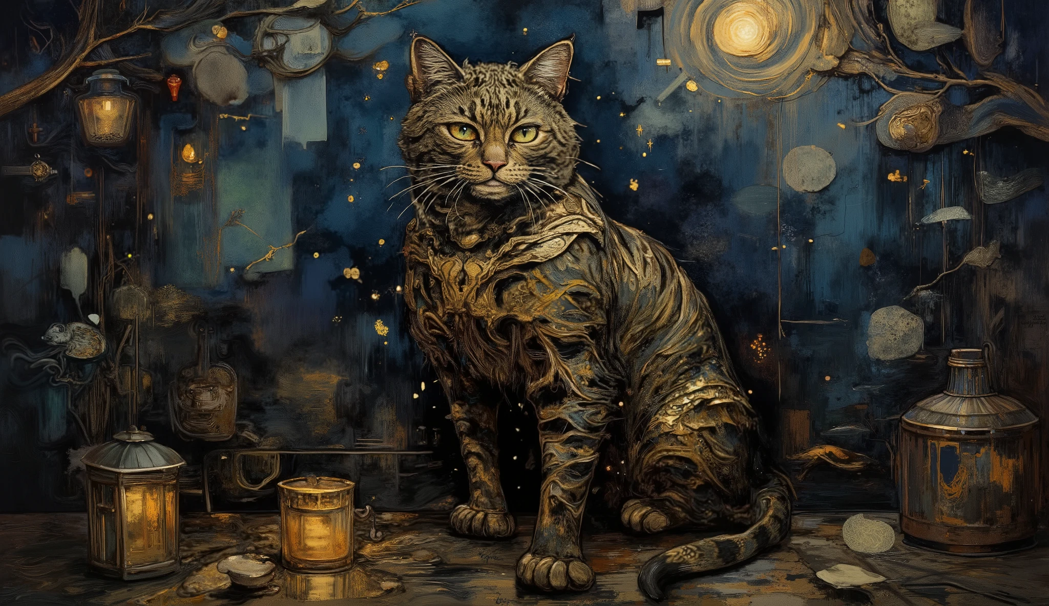 Create an illustration of a cat in the oil painting style, where you can see the brushstrokes fading on a dark background. The cat must be sitting majestically and surrounded by an enchanting atmosphere. On the cat's coat, there must be golden filigrees that glow softly, as if the cat were enchanted. The brushstrokes on the background should add an artistic and sophisticated touch to the image.