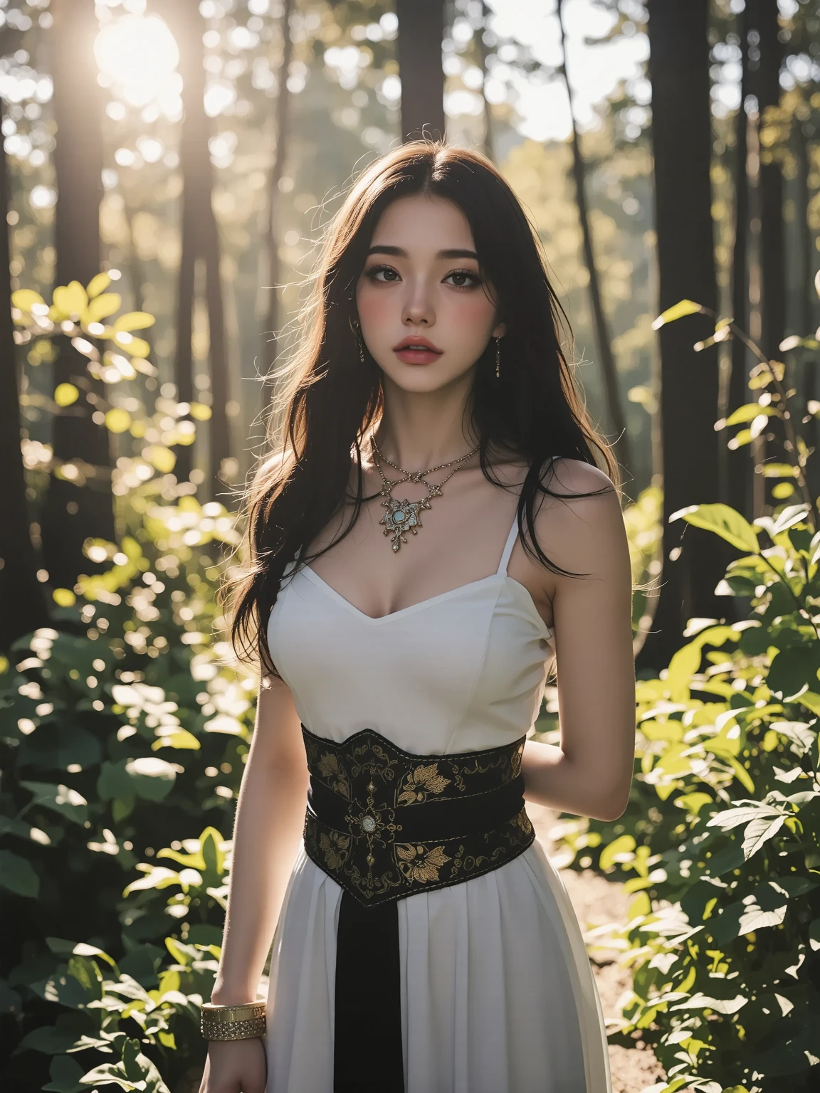 best quality, masterpiece, (photorealistic:1.4), Close up, 1 girl, upper body, Black Dress, Corset, long hair, cute, flowers around, forest background, sweet girl, IDOL, -- Face Details:1.7 -- <lora:MoosMST3:1>, <lora:AmaliaDavis-01:1>