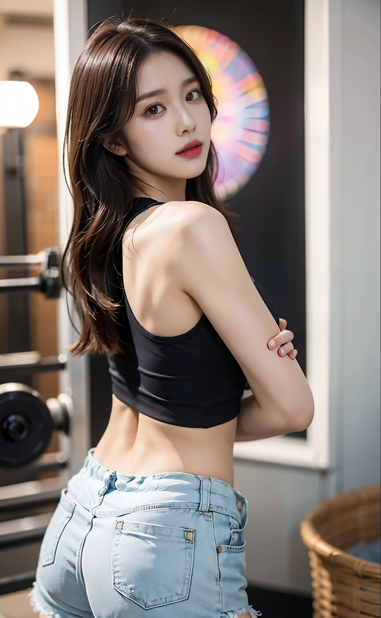 a 18 year old girl, Sitting in a movie theater, Bokeh, Perfect Figure, (((Hand-lifted skirt, boxer shorts, I can see the panties))), ((My eyes crossed, captivating)), Short T-shirt, slim tummy, (mini-skirt),(Spread your legs), varied pose, big size ass, Look from behind