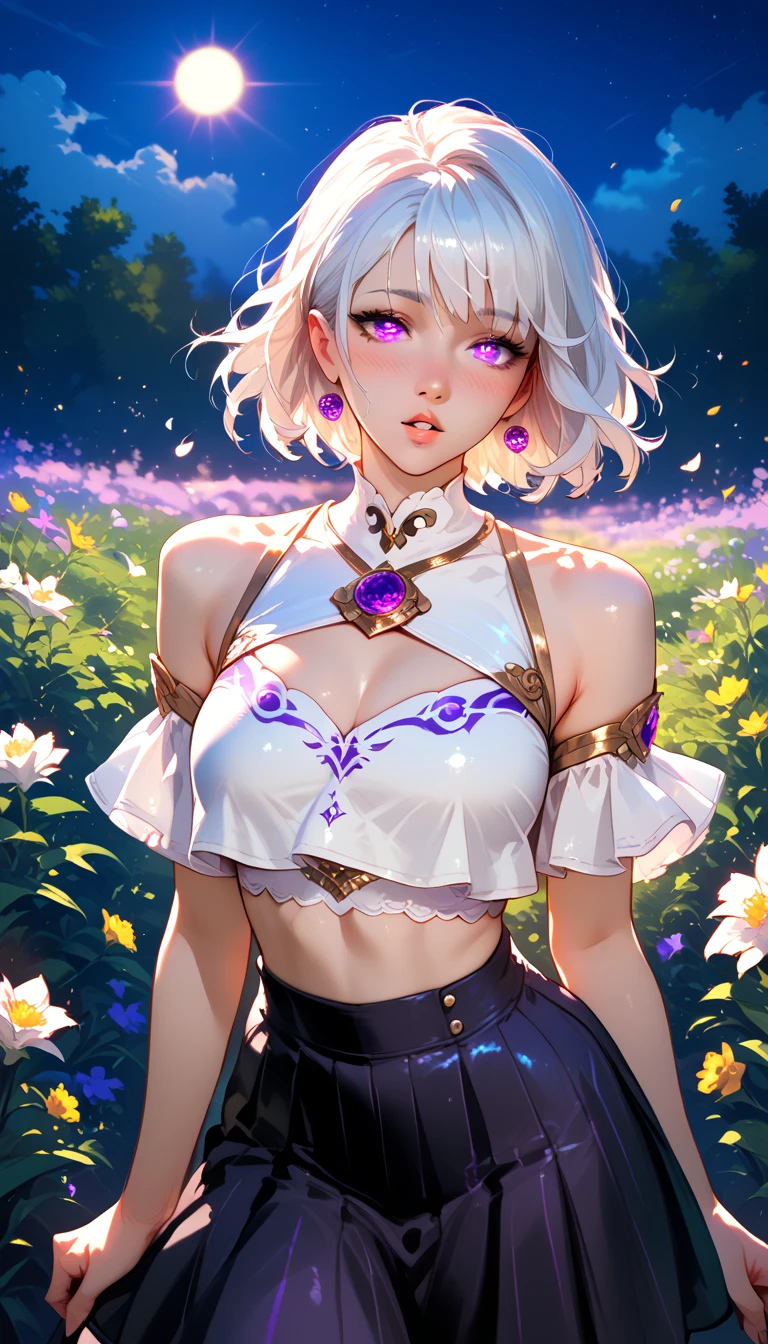 ((best quality)), ((highly detailed)), masterpiece, absurdres, extremely detailed face, beautiful face, (detailed eyes, deep eyes), (1girl), upper body, <lora:hairdetailer:.9>, <lora:hyrulewarriors_cia:.9>, hwcia, white hair, dark skin, dark-skinned female, bikini, collarbone, midriff, barefoot, (outdoors, at a field, twilight, shooting star)