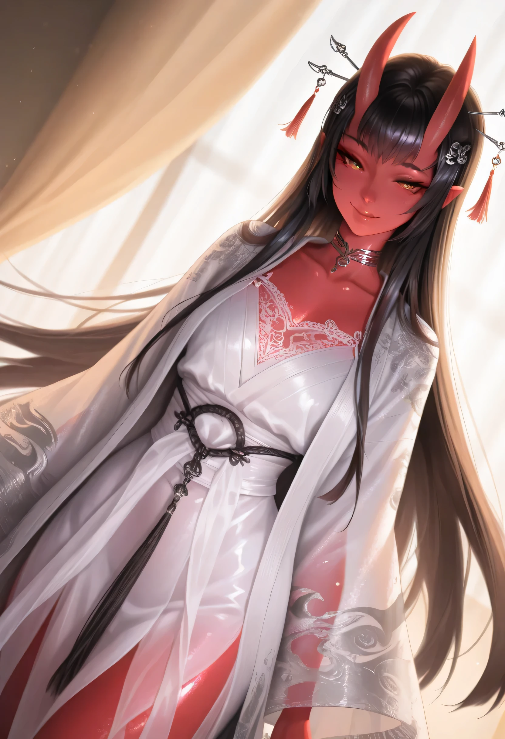 celestireal2,masterpiece, best quality, good quality, newest, highres, absurdres, volumetric lighting, gradient color, BREAK raytracing, volumetric lighting, ambient occlusion,BREAK Aka-Oni, oni, colored skin, (red skin:1.3), straight horns, solo, long hair,shiny hair, clear skin, ultra-detailed-eyes, background, cute girl, eyelashes BREAK, haori, smile, collarbone, Metal Wire choker, Dutch Angle, ( lips), eyelashes, curtains, japanese makeup, white haori, long hair, Hairpin, see-through, tassel, her delicate haori, embroidered with intricate patterns,looking_at_viewer,