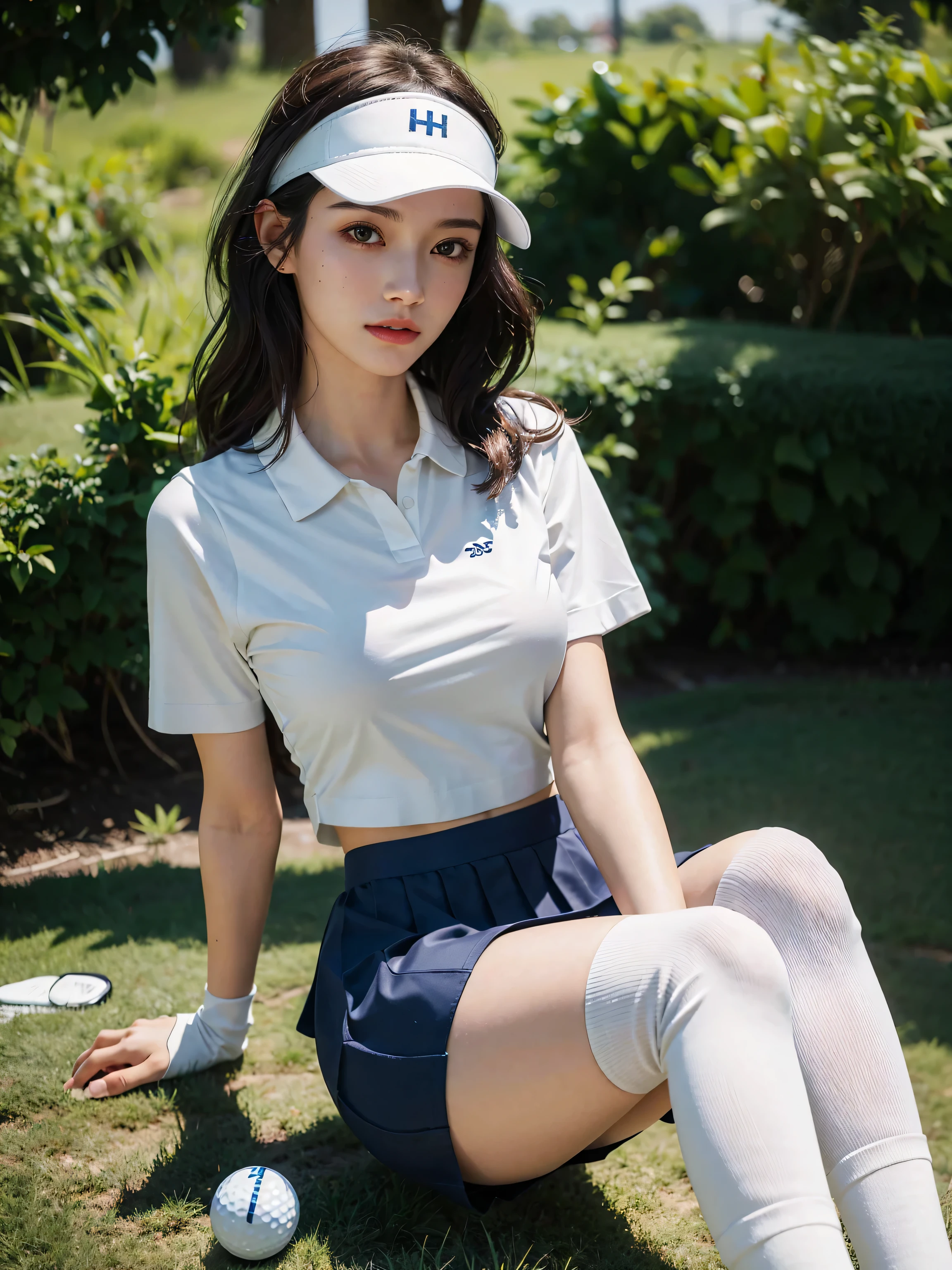 12 years old pretty girl、Cute Junior High School Student、NSFW、Super detailed、High resolution、transcendental beauty highest quality、masterpiece、knee socks、Majimix Real、(RAW photo:1.2)、(Photoreal:1.4)、Beauty in the beautiful details、and delicate expression、On the green of the golf course、blonde、(boyish:1.5)、blonde、brown hair、brown hairショートウルフヘアの髪、brown hairマッシュヘアの髪、((you can see me))(squat)、golf club、torn golf clothes、Sun visor、Golf Gloves、necklace、fancy piercings、eyelash、sparkling eyes、glossy lips、beautiful and detailed eyes、very detailed expression、Highly detailed face movie lighting、positive、((dynamic pose)))、(open stance))、(The wind blows up my golf skirt.:1.6), fancy 、torn golf shirt、Golf Shoes, (Open the crotch and expose the pubic area:1.5), (Accurately represents the shape of the female genitals:1.5), (Detailed depiction of the labia minora, vaginal opening, Detailed depiction of the clitoris:1.5), (spread your legs wide:1.6), (small breasts、I can see the nipples:1.5)、(No panties:1.3)、angle from below