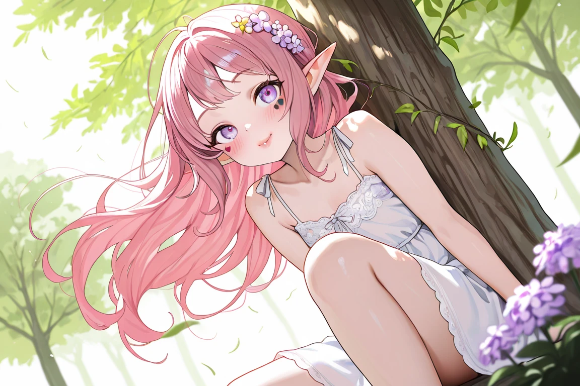 ((Masterpiece)), ((best quality)), ((kawaii)), ((extremely detailed)), (Anime:1.2), (8K), (High Definition:1.3), (Professional Photography:1.2), cinematic lighting, (very aesthetic:1.2), (absurdres:1.2), (sharp focus), (perfect light), (wide shot), ((12 years old)), 1girl, (cute teenage girl), ((Small breast)), (healthy skin), (loose camisole), kneeling, (waving hand), messy medium hair, (loose blunt bangs), pale thighs, (elf ear), (gradient eyes), (healthy slim body), ((naughty smile)), pale purple hair, 1girl, solo, ((beautiful eyes)), beautiful detailed eyes, detailed face, perfect anatomy, in the Rose Garden, (Wonderland landscape),