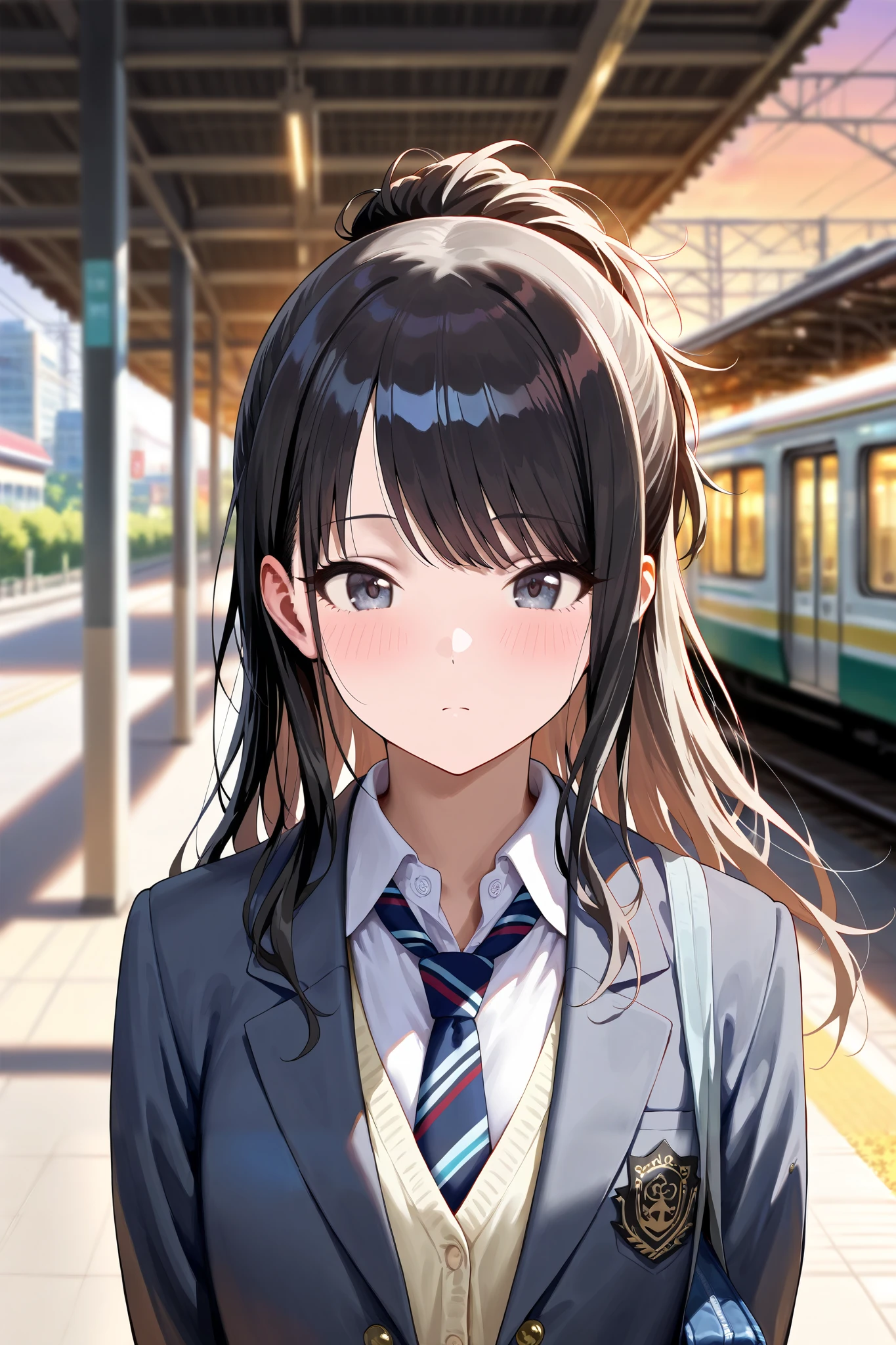 (masterpiece), (Highest quality), (Very detailed), (The best shape), (Best Shadow), (Absurd), (Detailed Background), (so beautiful), Shiny, Beautiful eyes in every detail, Extraordinary, Countershading, 8k, 32K, High resolution, Very Detailed CG ,

Score_9, Score_8_up, Score_7_up, Source_anime, 
(Pastel painting:1.2), (Watercolor painting:1.2),
(Masterpiece, Detailed:1.2), (Foreshortening:1.2),

Cinematic, Dramatic, (depth of field:1.4),
(blurry background:1.4), (Realistic background:1.4), dynamic angle, 
1girl, solo, 
Japan, Big city train station, Platform, (evening:1.2), wind,

Kazano Hiori, 
the idolmaster shiny colors,
hiori kazano, ponytail, black hair, black eyes,

(school uniform:1.3), school bag,
White collar, tie, black tie, Stripes tie, gray tie,
(cardigan:0.9), Inner cardigan, linen cardigan,
blazer, (gray blazer:1.2), long sleeves blazer, (Button-up her blazer:1.5), (buttoned all the way up:1.4),

(Blush:1.3),
Portrait,
Focus on face,
Realistic skin,
Shiny skin,