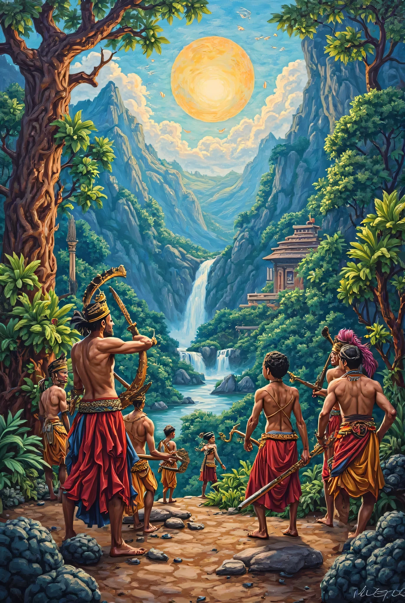 ((best quality)), ((masterpiece)), (detailed), lord shiva sitting at the top giving blessings upon the land, lush grass with flowing river beautiful, Realistic, life like , amazing , sun rise , with mountains and lush forest in the background, shiva is sitting cross legged. With Cresent on the head. Cobra sitting with shiva , add a trident in shivas hand upright on his left hand. On the right hand shivas blessings must be given with sun rays. Shivas palm must be facing forward. Snow topped mountains, blue skin.