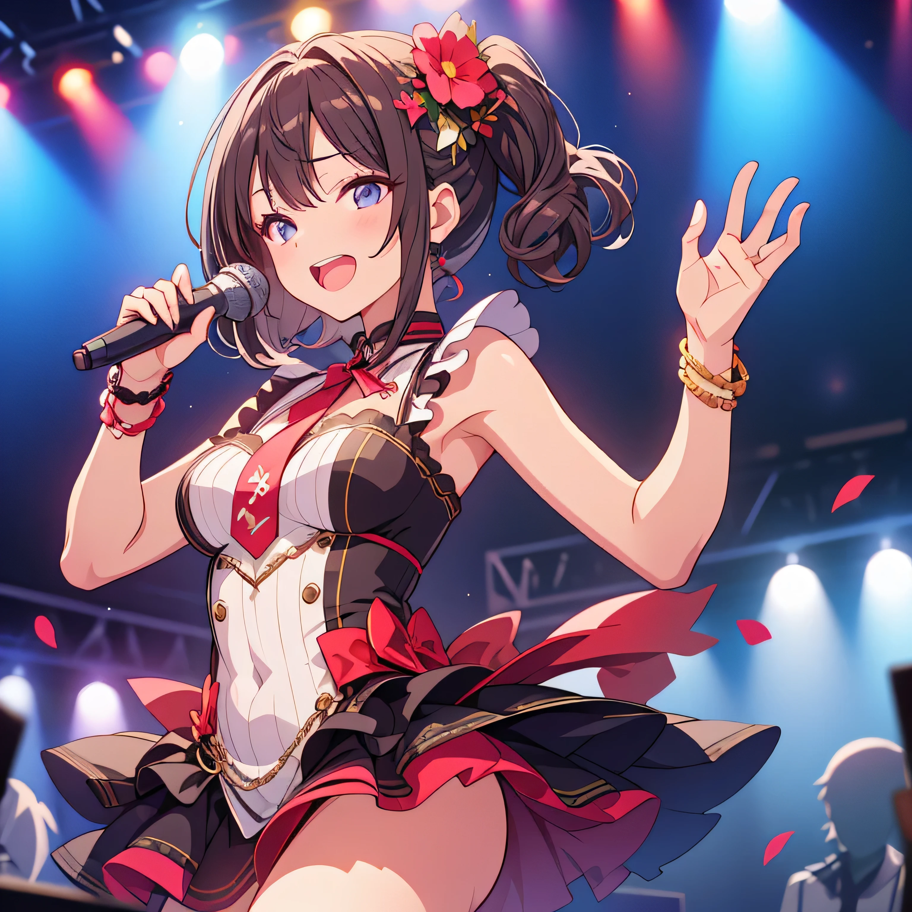 {{{Masterpiece, highest quality, high resolution background}}}, bright and beautiful atmosphere, 1 girl (, round face, baby face), small breasts, inside a karaoke box, 3 microphones on the desk A girl singing with a microphone, a cute girl, a girl clapping, "deltamon_sdXL :0.73)>Deltamon"