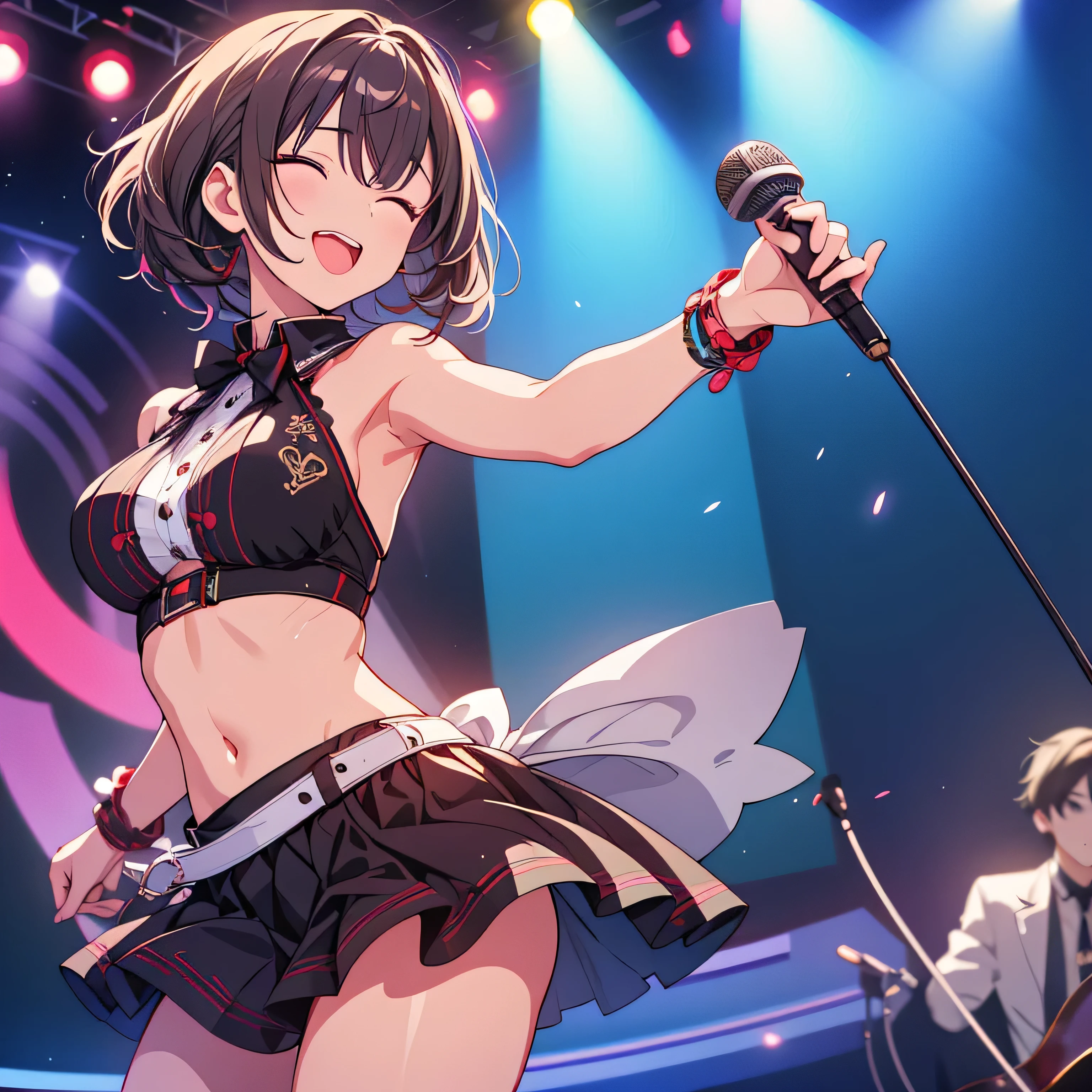 (superflat, flat shading, flat colors), masterpiece, best quality, 1girl, young teen, dress, white panties, singing, eyes closed, blush, emotional, karaoke, microphone, best shadows, watercolor
