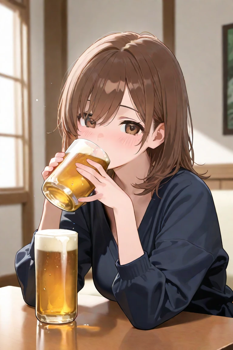 masterpiece, best quality, very aesthetic, absurdres, newest, asymmetrical bangs, tareme, looking at viewer, blush, drunk, ponytail, multiple girls, brown hair, shirt, black hair, long sleeves, holding, 2girls, brown eyes, sitting, white shirt, food, glasses, solo focus, indoors, blurry, cup, table, holding cup, alcohol, mug, drinking, drunk, beer, beer mug, restaurant