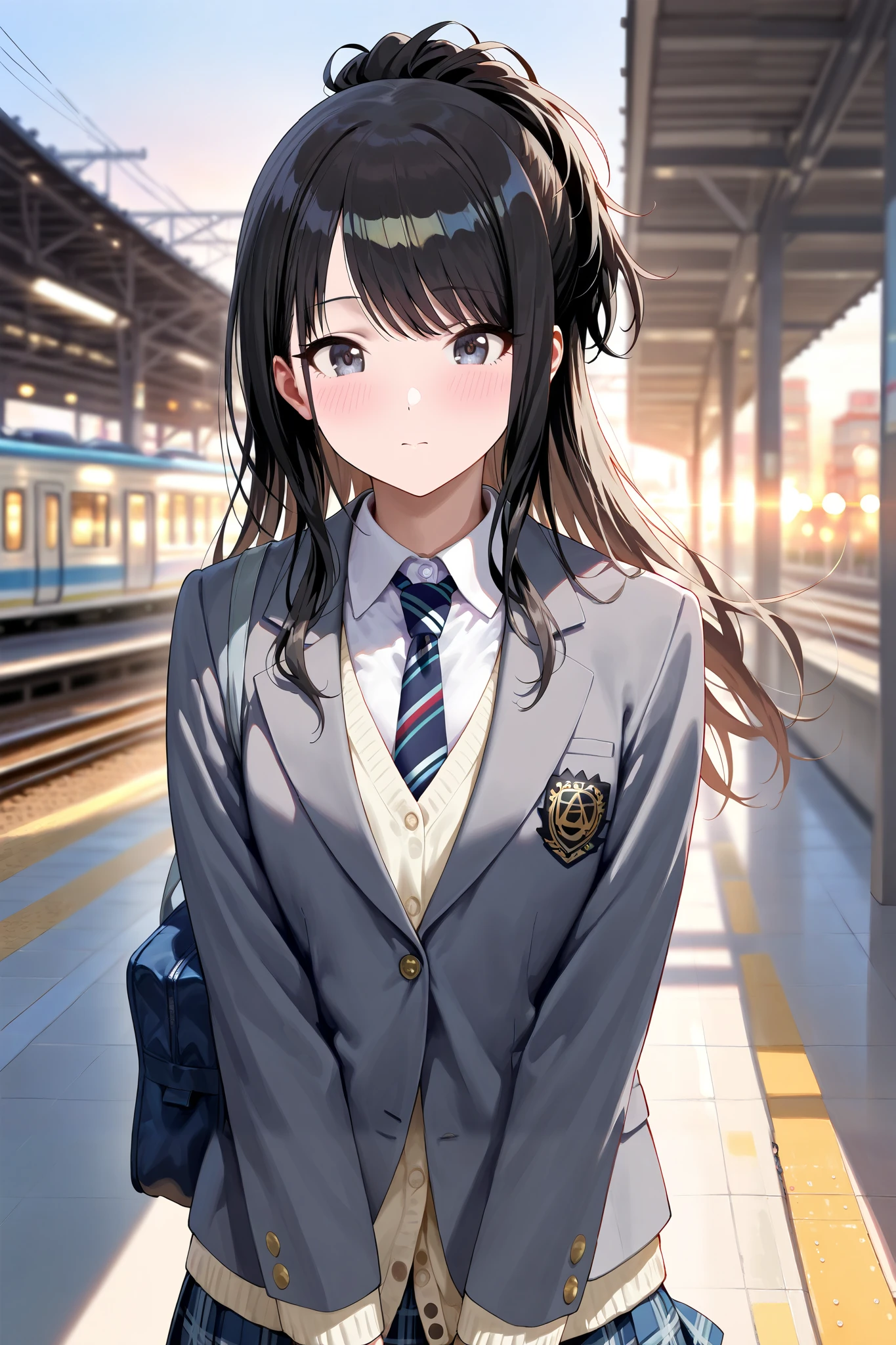 (masterpiece), (Highest quality), (Very detailed), (The best shape), (Best Shadow), (Absurd), (Detailed Background), (so beautiful), Shiny, Beautiful eyes in every detail, Extraordinary, Countershading, 8k, 32K, High resolution, Very Detailed CG ,
Score_9, Score_8_up, Score_7_up, Source_anime,
(Pastel painting:1.2), (Watercolor painting:1.2),
(Masterpiece, Detailed:1.2), (Foreshortening:1.2),
Cinematic, Dramatic, (depth of field:1.4),
(blurry background:1.4), (Realistic background:1.4), dynamic angle,
1girl, solo,
Japan, Big city train station, Platform, (evening:1.2), wind,
Kazano Hiori,
the idolmaster shiny colors,
hiori kazano, ponytail, black hair, black eyes,
(school uniform:1.3), school bag,
White collar, tie, black tie, Stripes tie, gray tie,
(cardigan:0.9), Inner cardigan, linen cardigan,
blazer, (gray blazer:1.2), long sleeves blazer, (Button-up her blazer:1.5), (buttoned all the way up:1.4),
(Blush:1.3),
Portrait,
Focus on face,
Realistic skin,
Shiny skin,