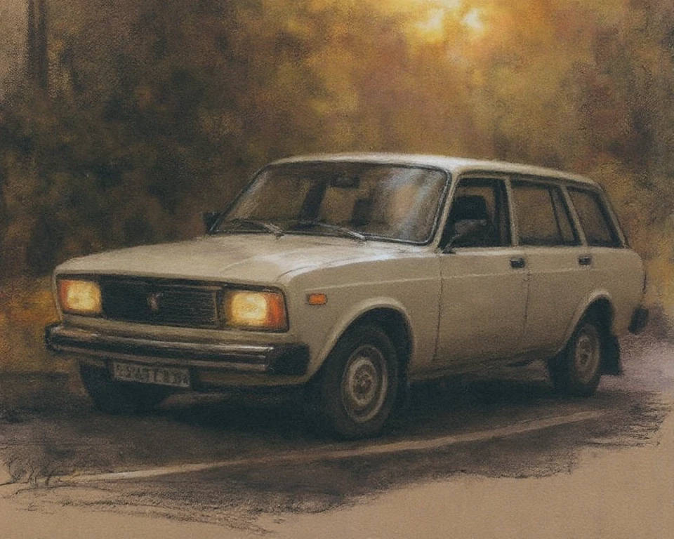 a white 1981 Fiat 125P station wagon. driving on a winding road in a wooded area of Belgium. fall colors. sunset. light fog. headlights and foglights are on. driving in right side of road. POV from side and 15 feet above looking down.
