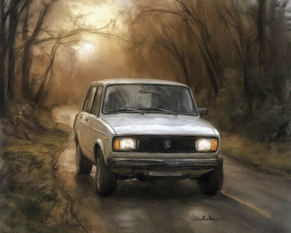 a white 1981 Fiat 125P station wagon. driving on a winding road in a wooded area of Belgium. fall colors. sunset. light fog. headlights and foglights are on. driving in right side of road. POV from side and 15 feet above looking down.