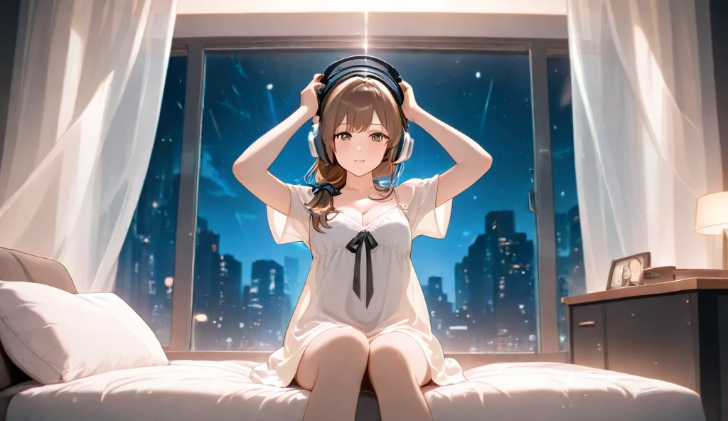 Girl with headphones enjoying music in a home　I am studying　Emphasize a little bit of the big chest　Looking towards me with eyes closed　Night Background