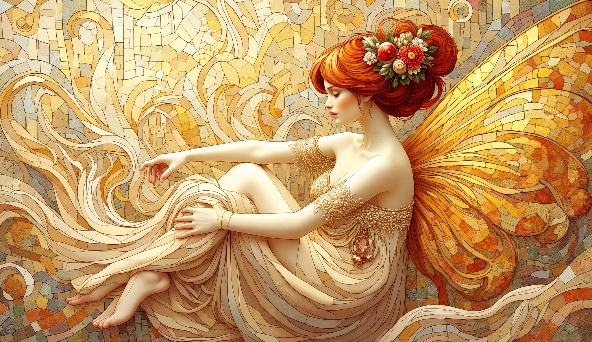 Fairy in a calm, neutral setting, intricate golden mosaic in the style of Gustav Klimt, abstract golden swirls and forms, ethereal lighting, soft pastel tones mixed with rich gold, tranquil and serene mood, delicate, finely detailed digital ar