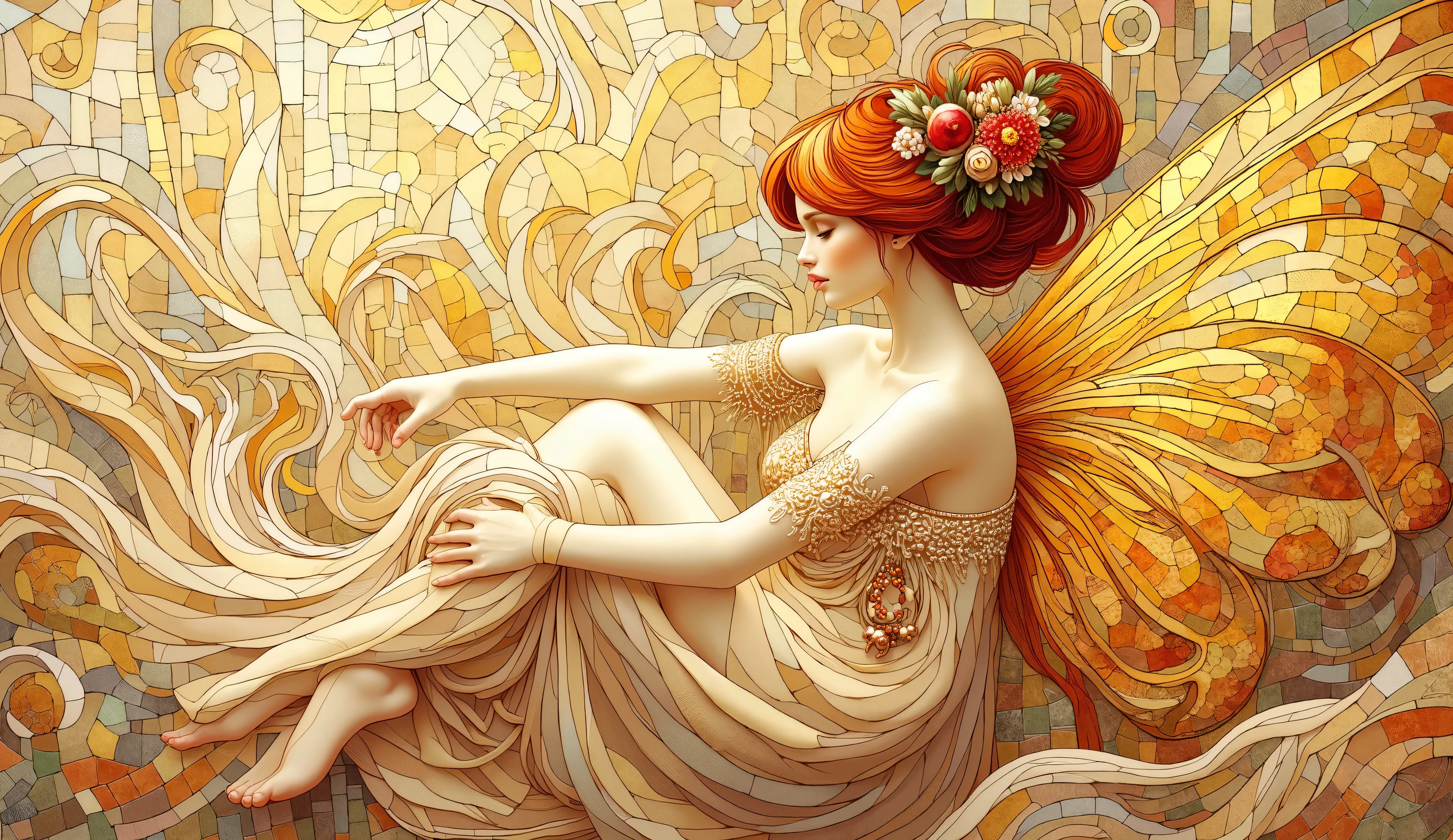 Fairy in a calm, neutral setting, intricate golden mosaic in the style of Gustav Klimt, abstract golden swirls and forms, ethereal lighting, soft pastel tones mixed with rich gold, tranquil and serene mood, delicate, finely detailed digital ar