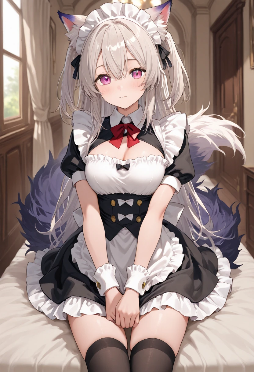 masterpiece, best quality, (focus alone), (perfect face:1.1), (high detail:1.1),1 doll girl, Super long white hair, purple eyes, medium sized breasts, Sophisticated black and white maid outfit, Clothes are tight on the body, A shy expression, indoor, wariza, stockings, without wearing shoes, head tilt, Intense angle, Ball joints