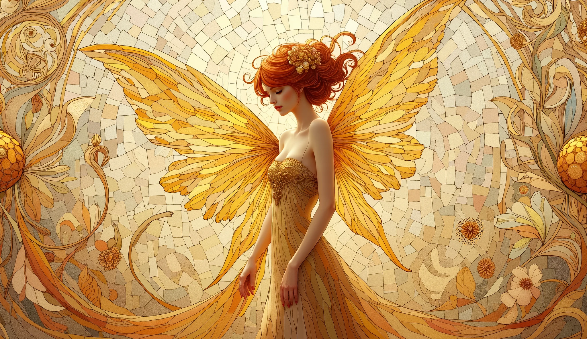Fairy in a calm, neutral setting, intricate golden mosaic in the style of Gustav Klimt, abstract golden swirls and forms, ethereal lighting, soft pastel tones mixed with rich gold, tranquil and serene mood, delicate, finely detailed digital ar